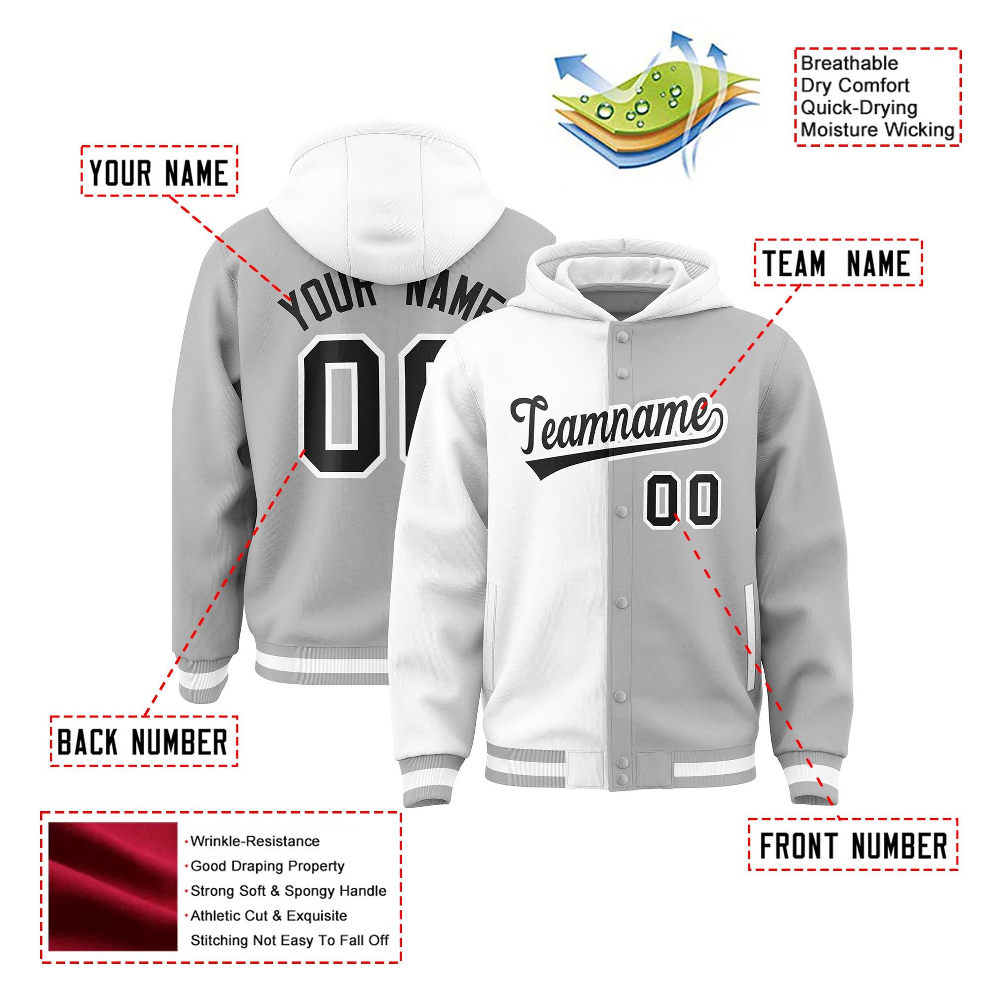 Custom White Gray Split Fashion Varsity Full-Snap Letterman Two Tone Hoodie Jacket