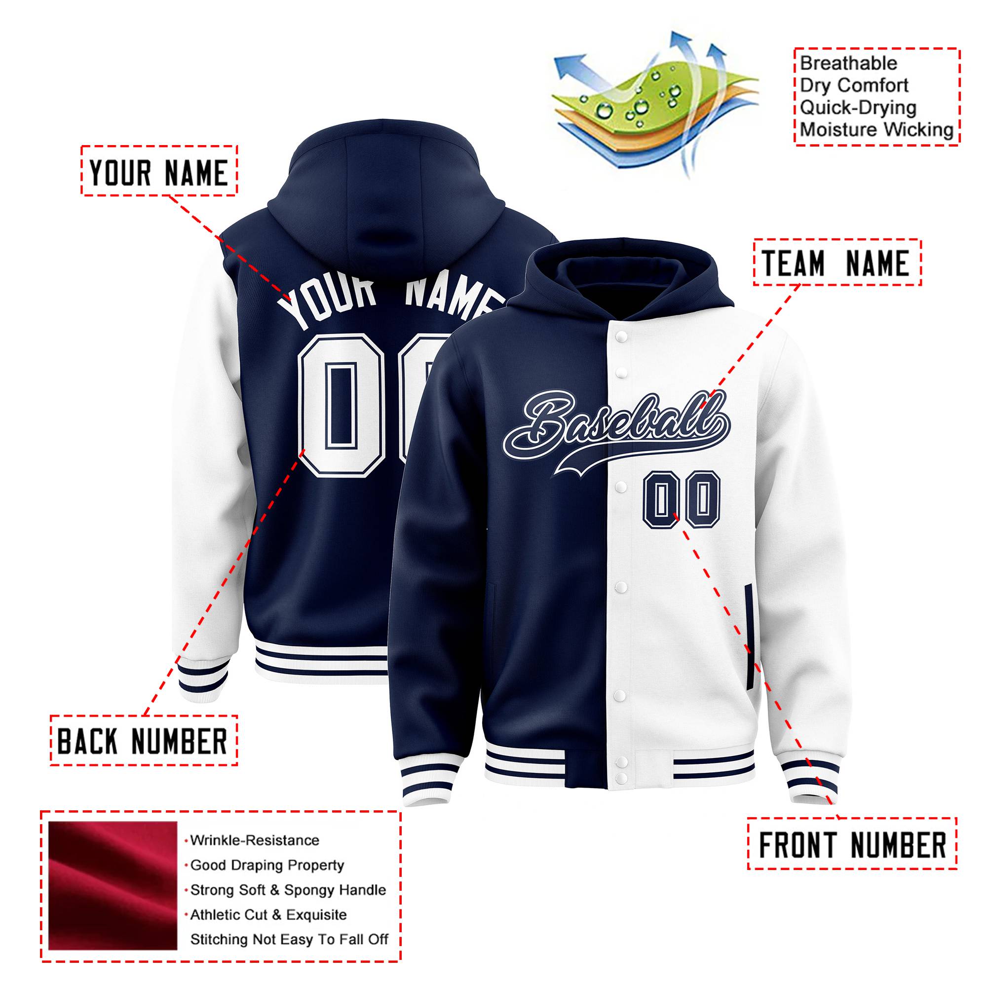 Custom Navy White Split Fashion Varsity Full-Snap Letterman Two Tone Hoodie Jacket