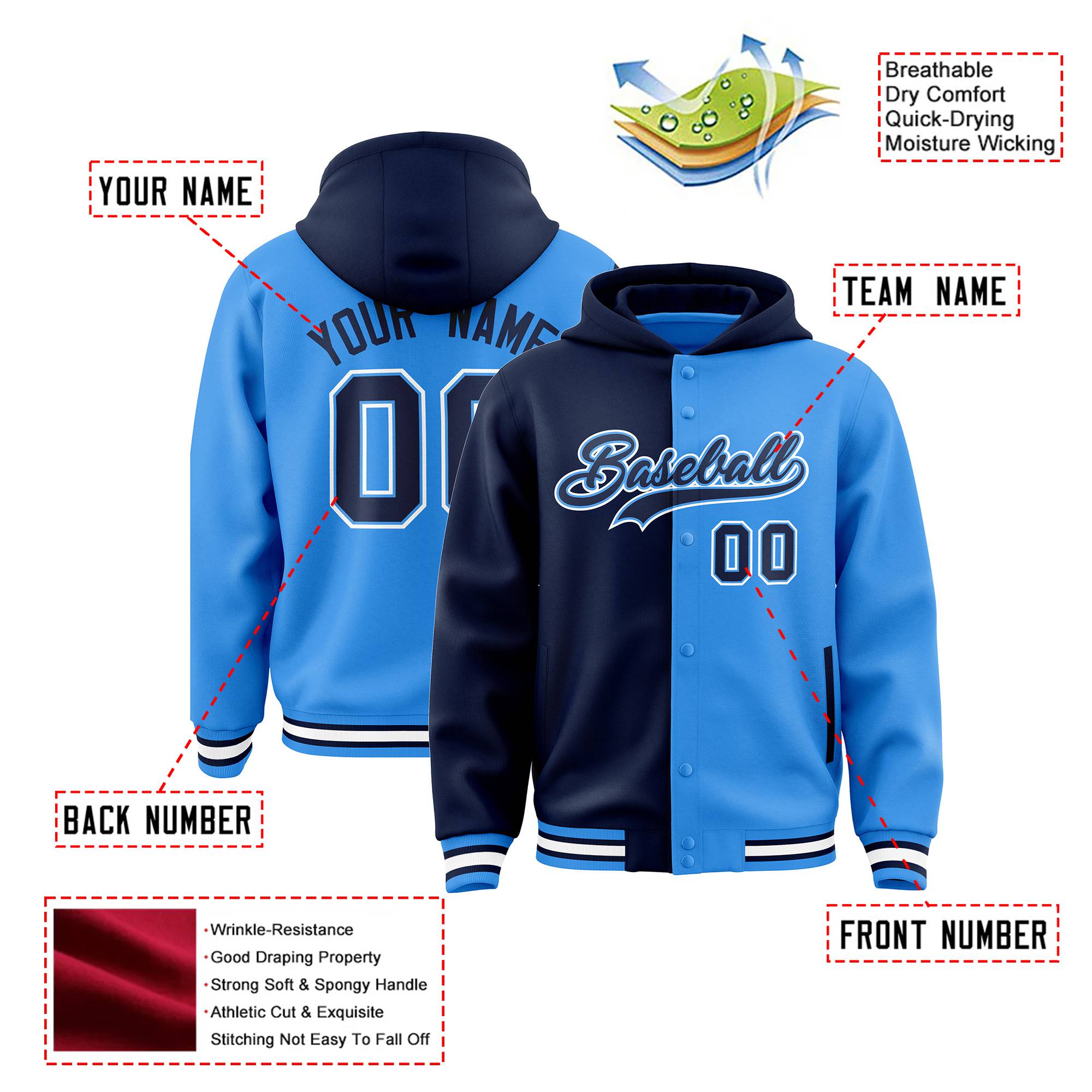 Custom Navy Powder Blue Split Fashion Varsity Full-Snap Letterman Two Tone Hoodie Jacket