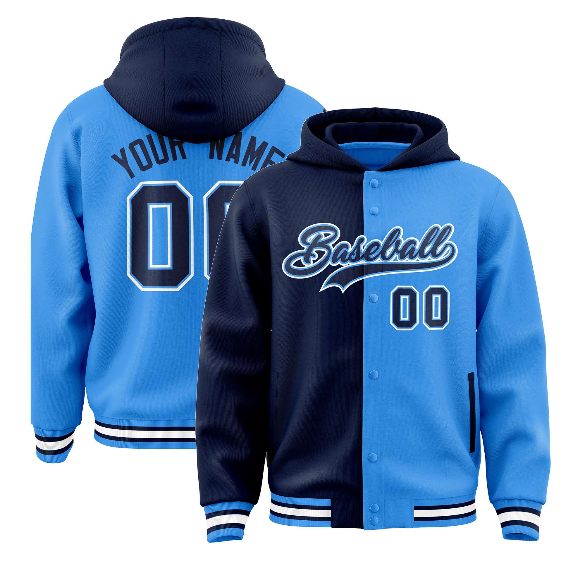 Custom Navy Powder Blue Split Fashion Varsity Full-Snap Letterman Two Tone Hoodie Jacket