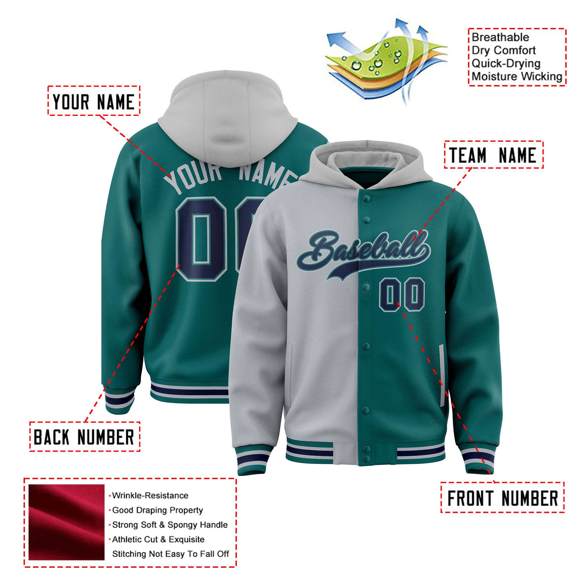 Custom Gray Aqua Split Fashion Varsity Full-Snap Letterman Two Tone Hoodie Jacket