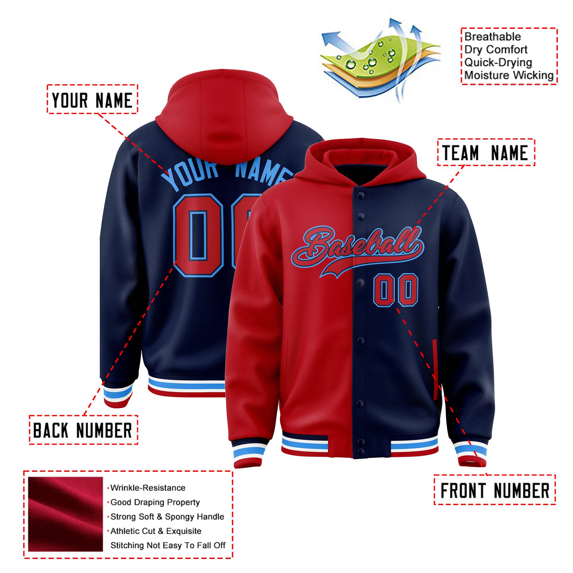 Custom Red Navy Split Fashion Varsity Full-Snap Letterman Two Tone Hoodie Jacket