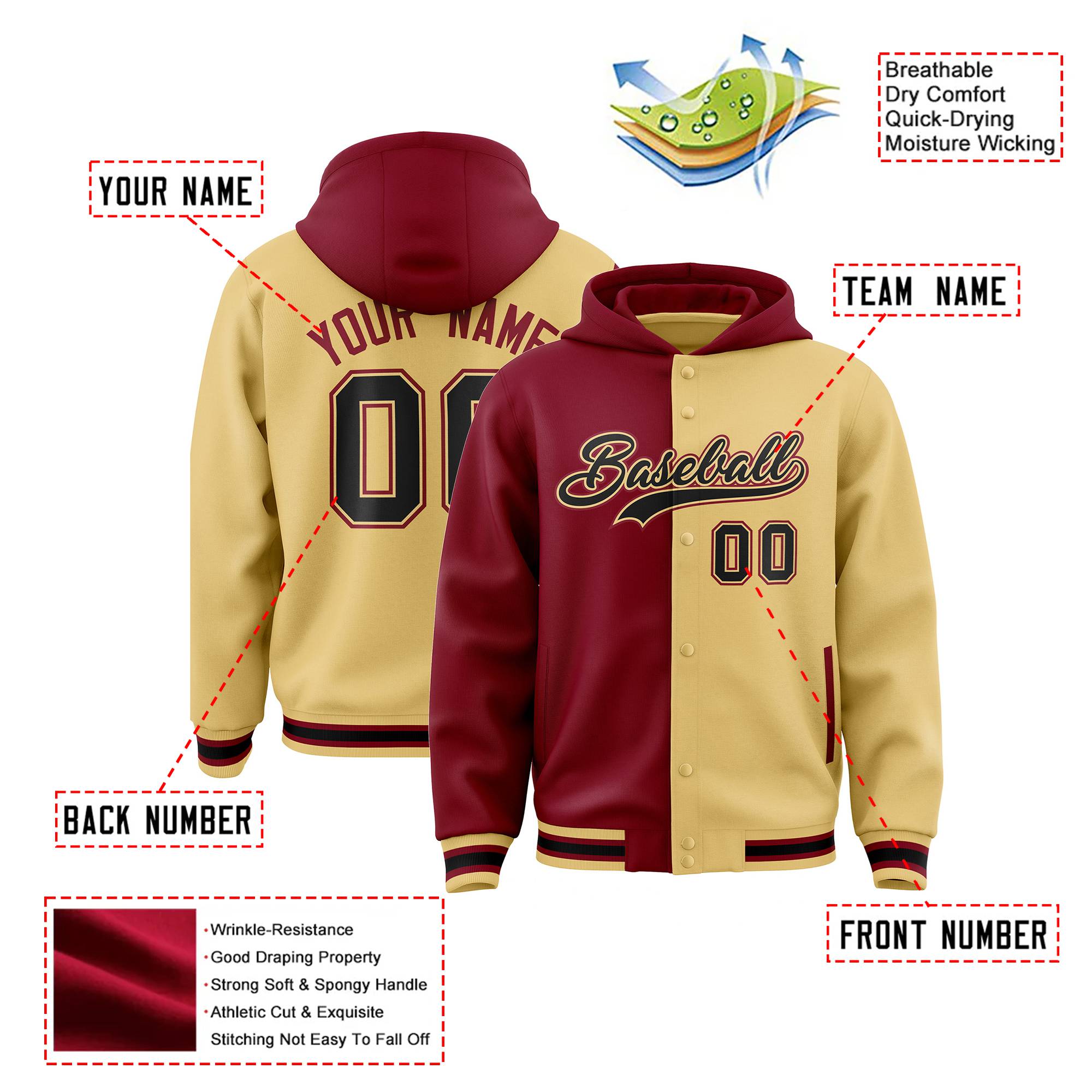 Custom Crimson Old Gold Split Fashion Varsity Full-Snap Letterman Two Tone Hoodie Jacket