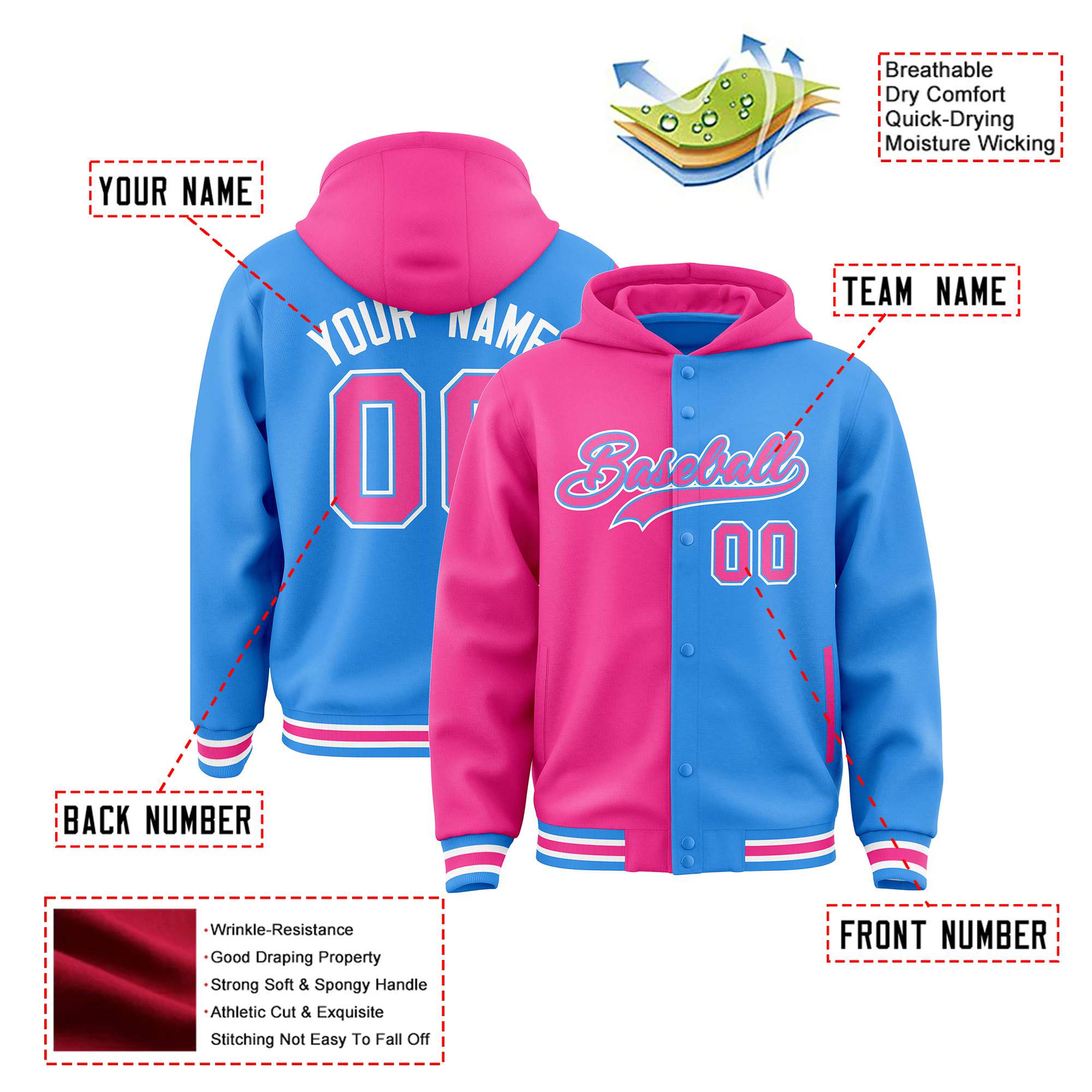 Custom Pink Powder Blue Split Fashion Varsity Full-Snap Letterman Two Tone Hoodie Jacket