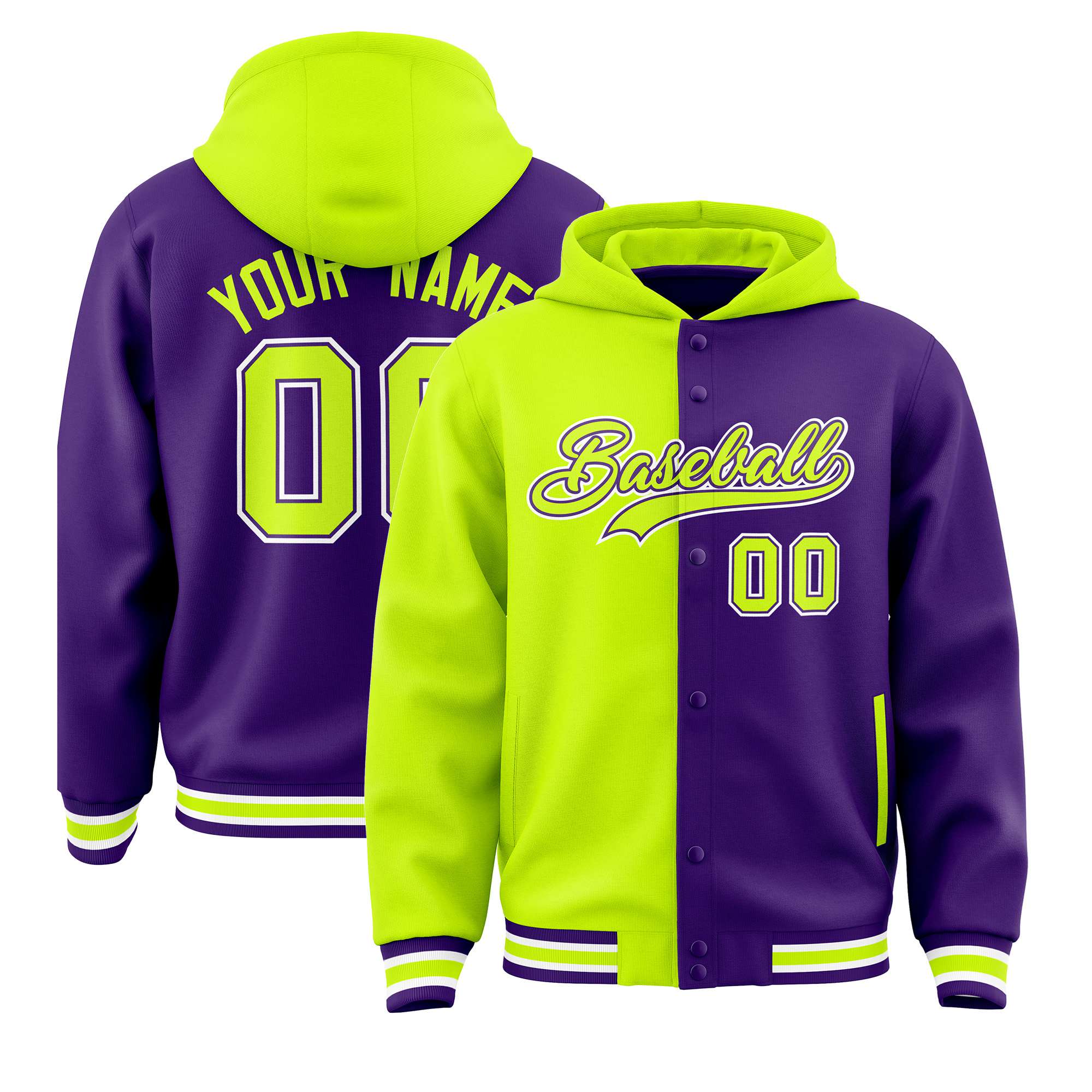 Custom Fluorescent Green Purple Split Fashion Varsity Full-Snap Letterman Two Tone Hoodie Jacket