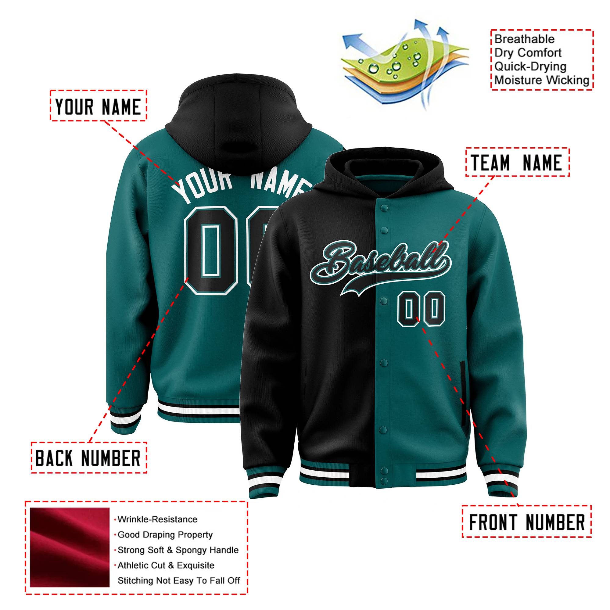 Custom Black Aqua Split Fashion Varsity Full-Snap Letterman Two Tone Hoodie Jacket