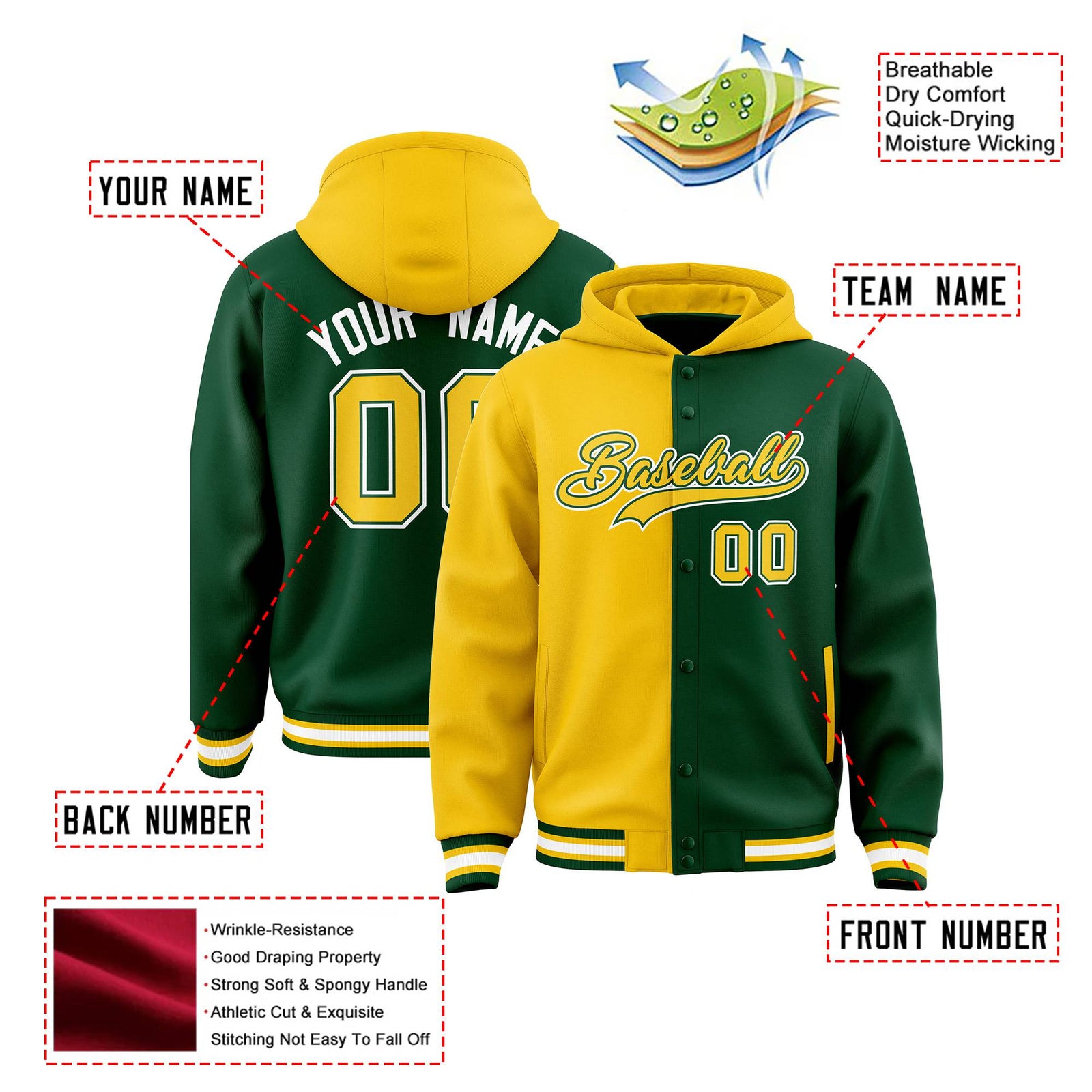 Custom Yellow Green Split Fashion Varsity Full-Snap Letterman Two Tone Hoodie Jacket