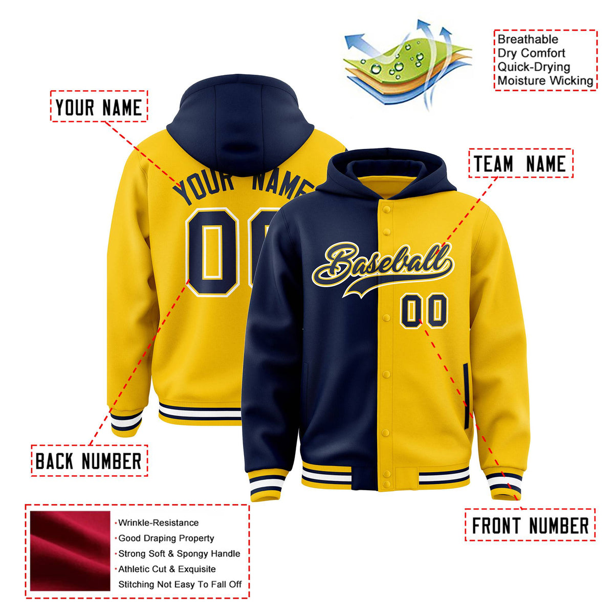 Custom Navy Yellow Split Fashion Varsity Full-Snap Letterman Two Tone Hoodie Jacket