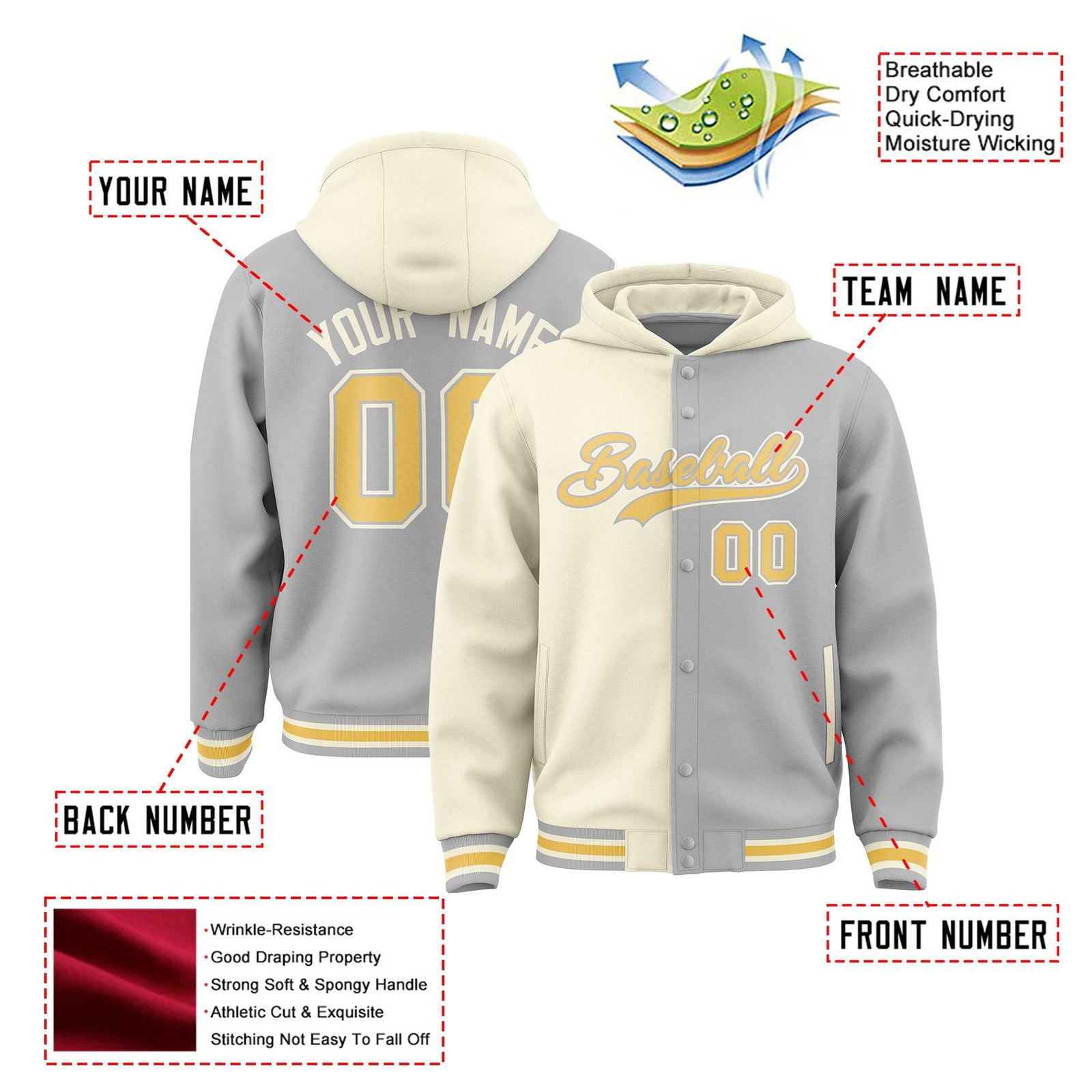 Custom Cream Gray Split Fashion Varsity Full-Snap Letterman Two Tone Hoodie Jacket