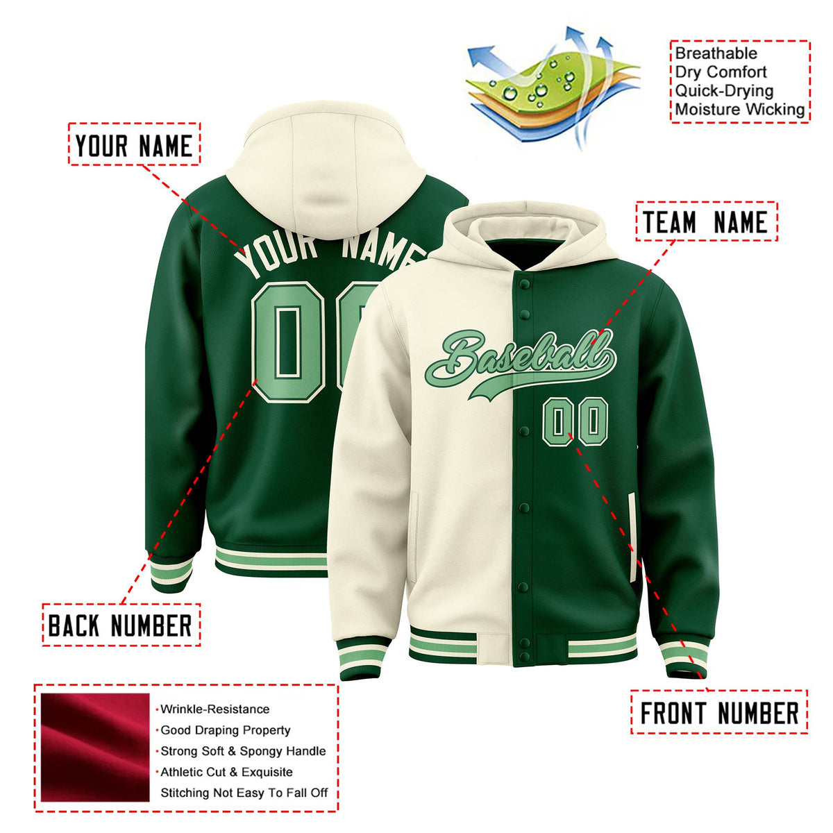 Custom Cream Green Split Fashion Varsity Full-Snap Letterman Two Tone Hoodie Jacket