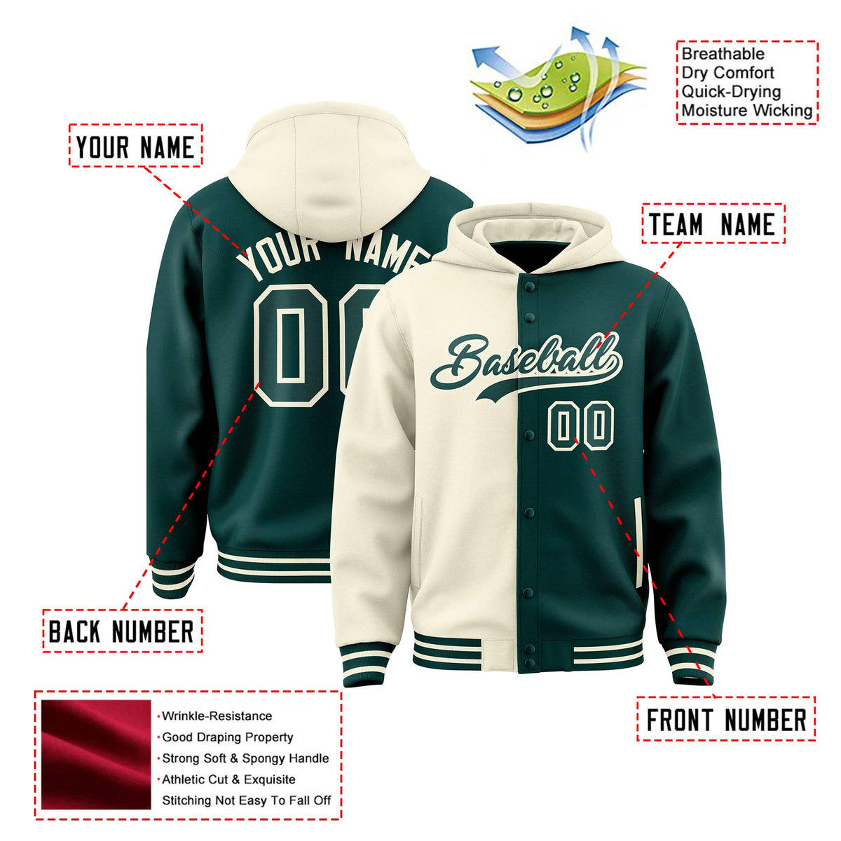 Custom Cream Midnight Green Split Fashion Varsity Full-Snap Letterman Two Tone Hoodie Jacket