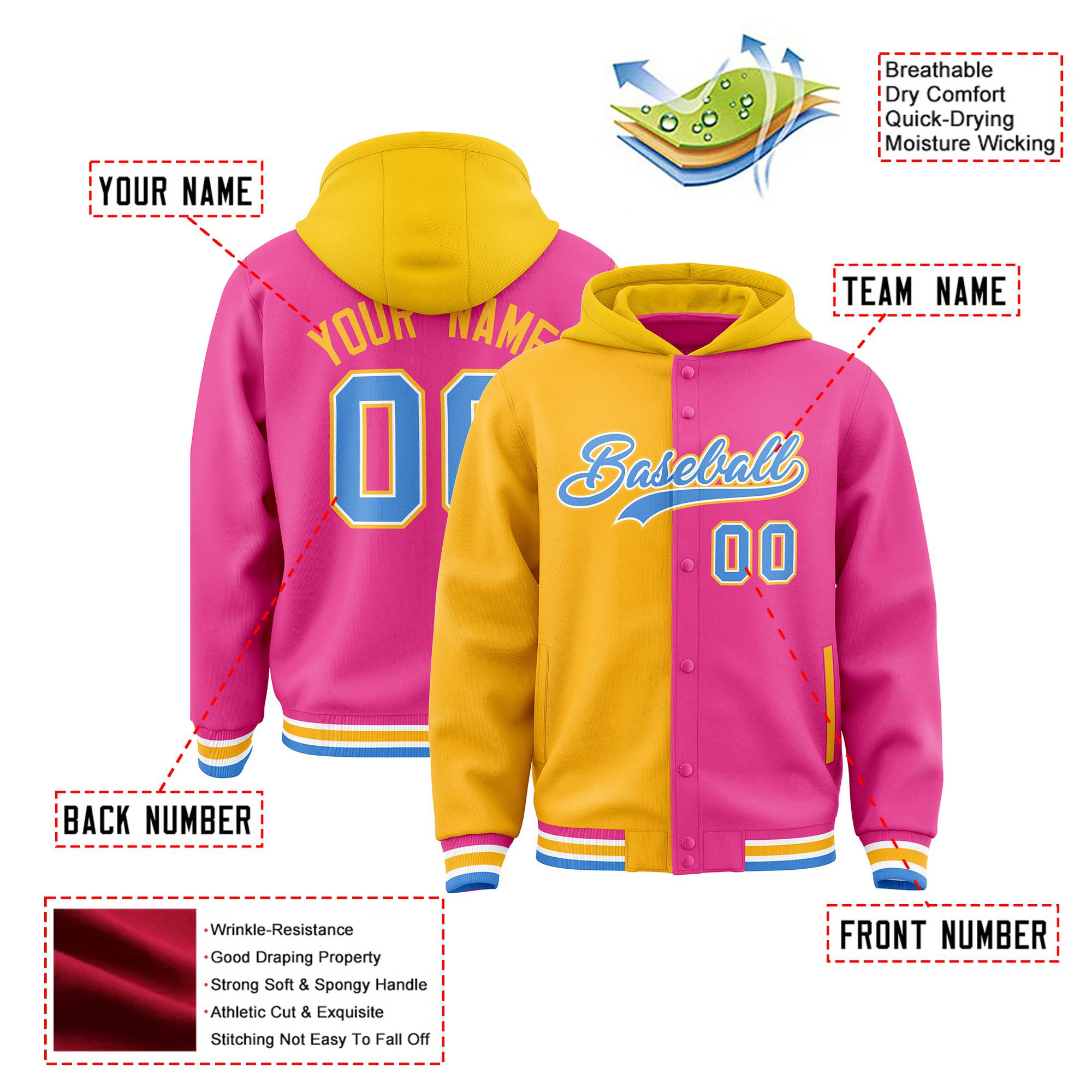 Custom Yellow Pink Split Fashion Varsity Full-Snap Letterman Two Tone Hoodie Jacket