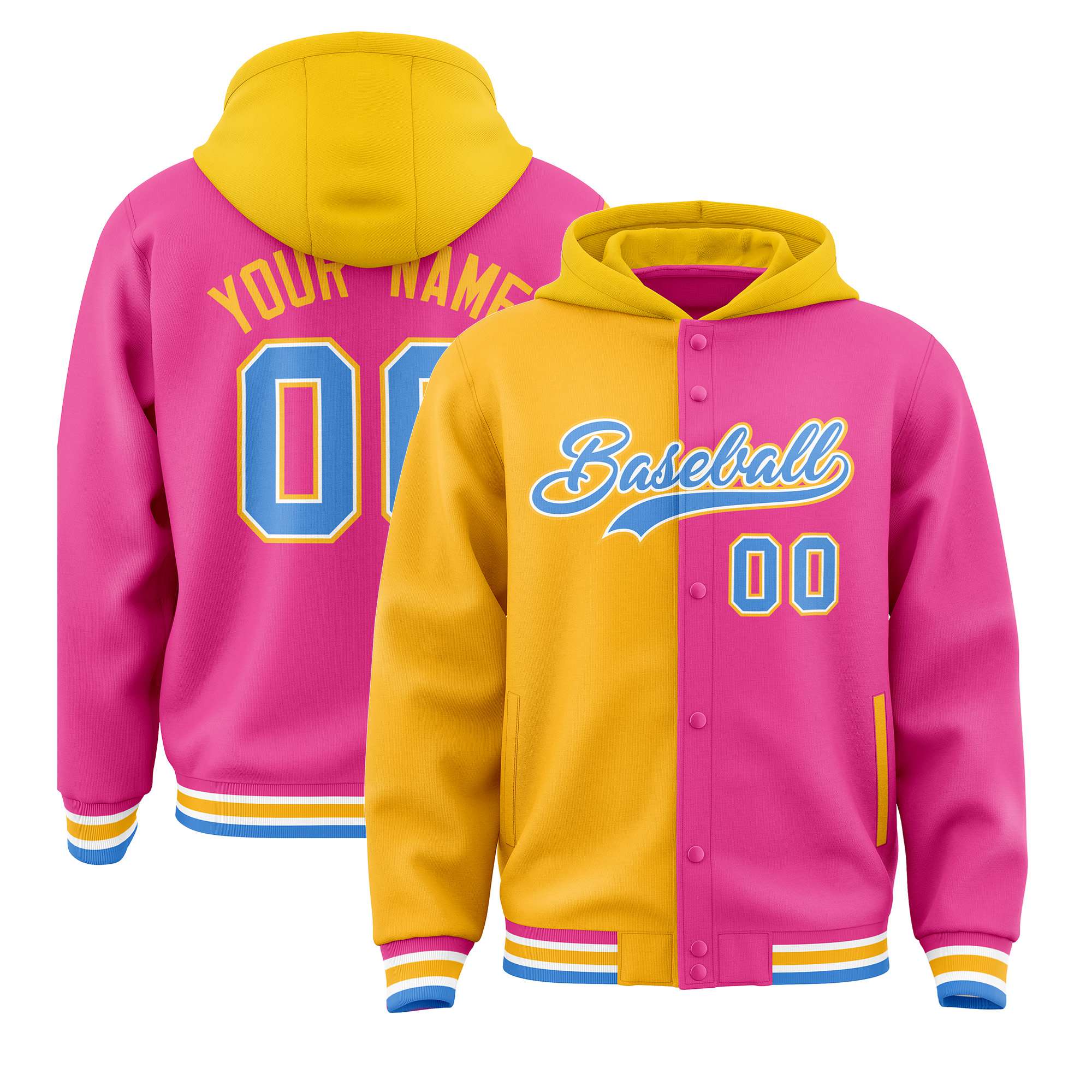 Custom Yellow Pink Split Fashion Varsity Full-Snap Letterman Two Tone Hoodie Jacket