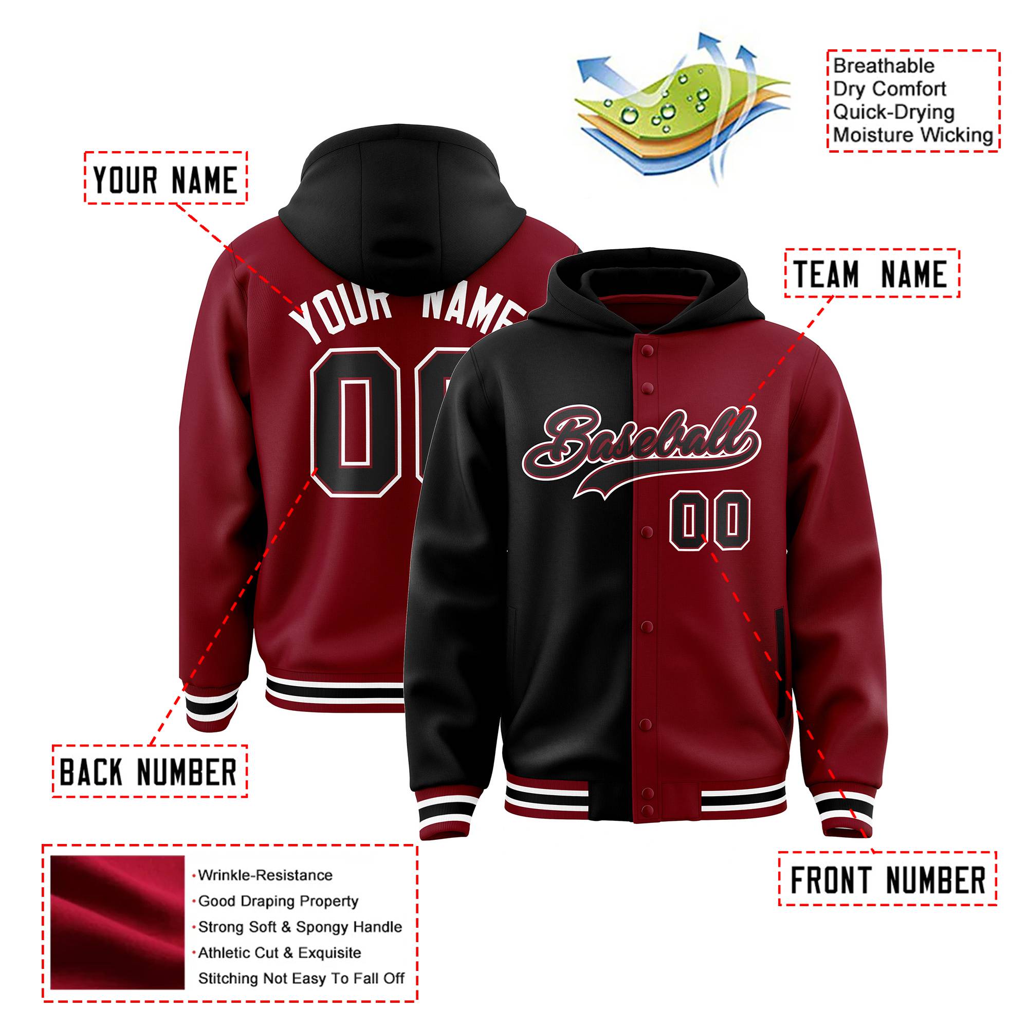 Custom Black Crimson Split Fashion Varsity Full-Snap Letterman Two Tone Hoodie Jacket