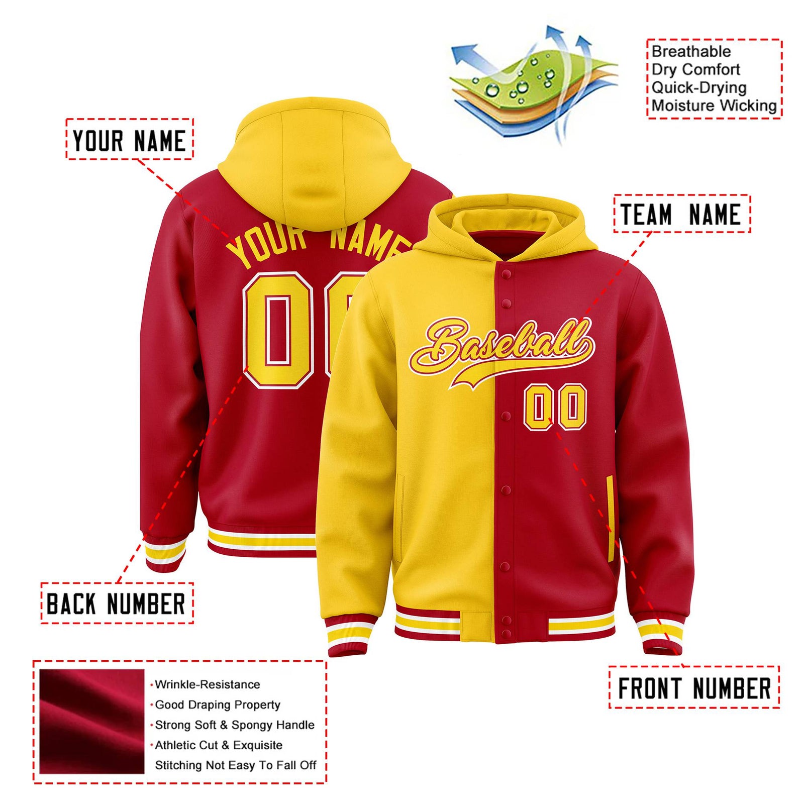 Custom Gold Red Split Fashion Varsity Full-Snap Letterman Two Tone Hoodie Jacket