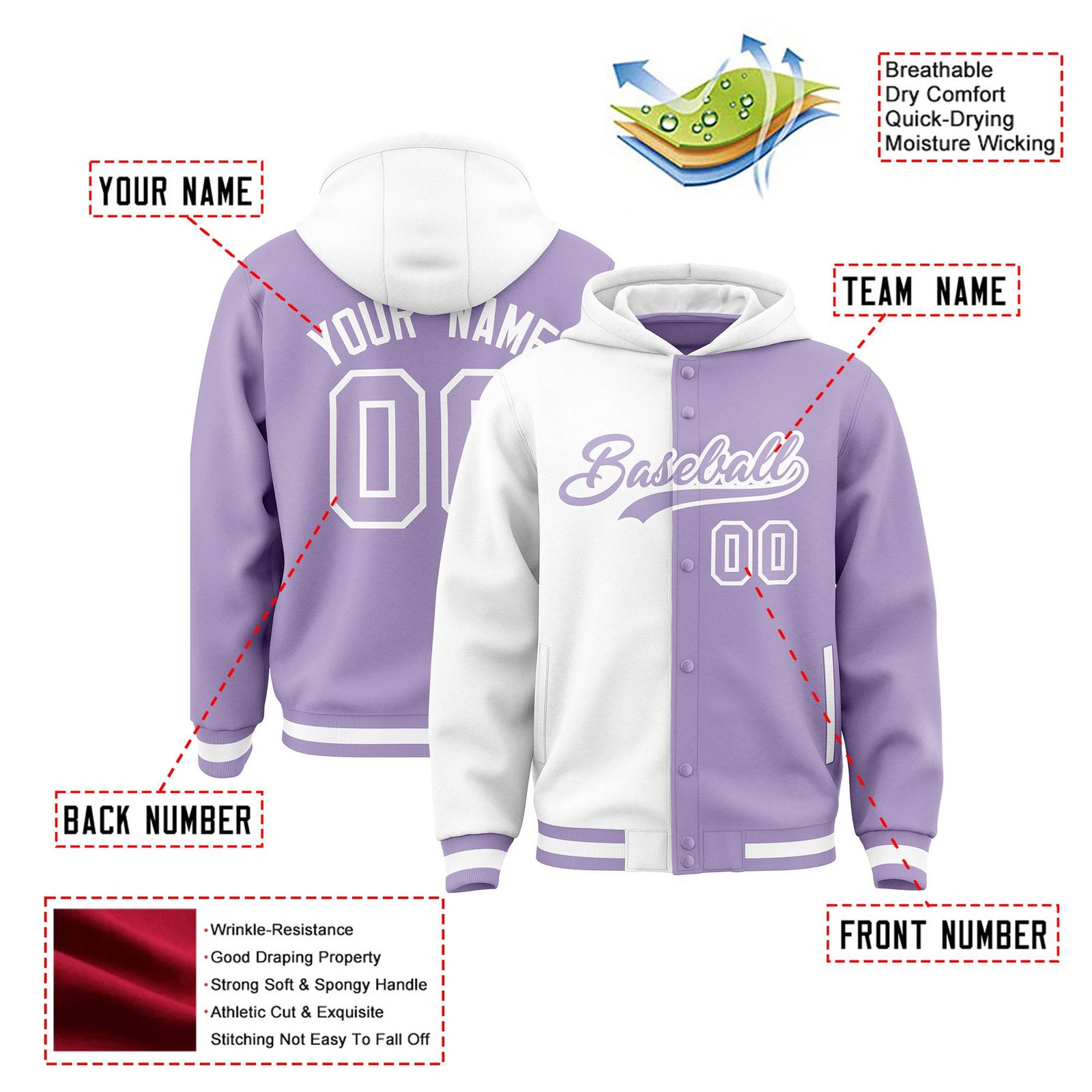 Custom White Light Purple Split Fashion Varsity Full-Snap Letterman Two Tone Hoodie Jacket