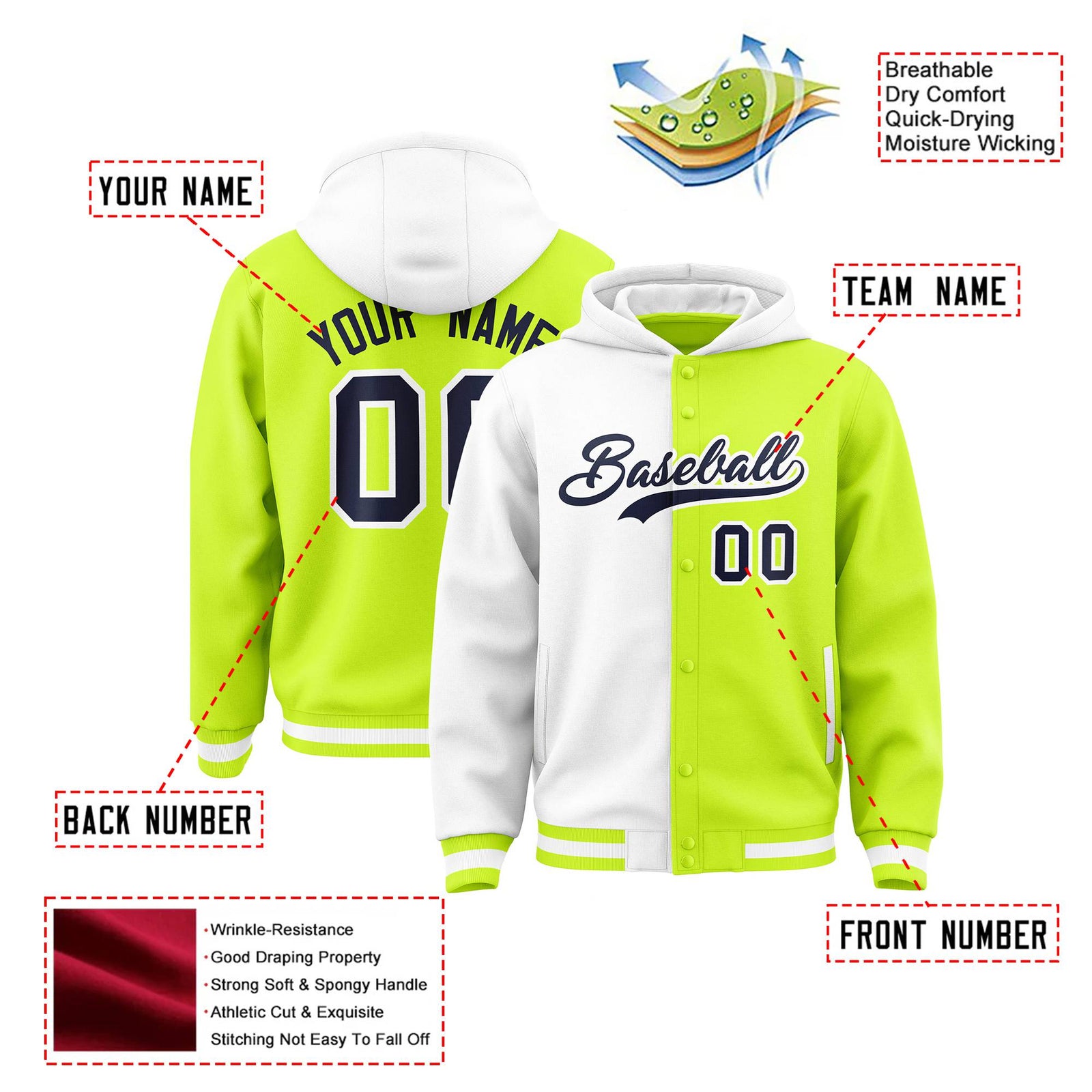 Custom White Fluorescent Green Split Fashion Varsity Full-Snap Letterman Two Tone Hoodie Jacket