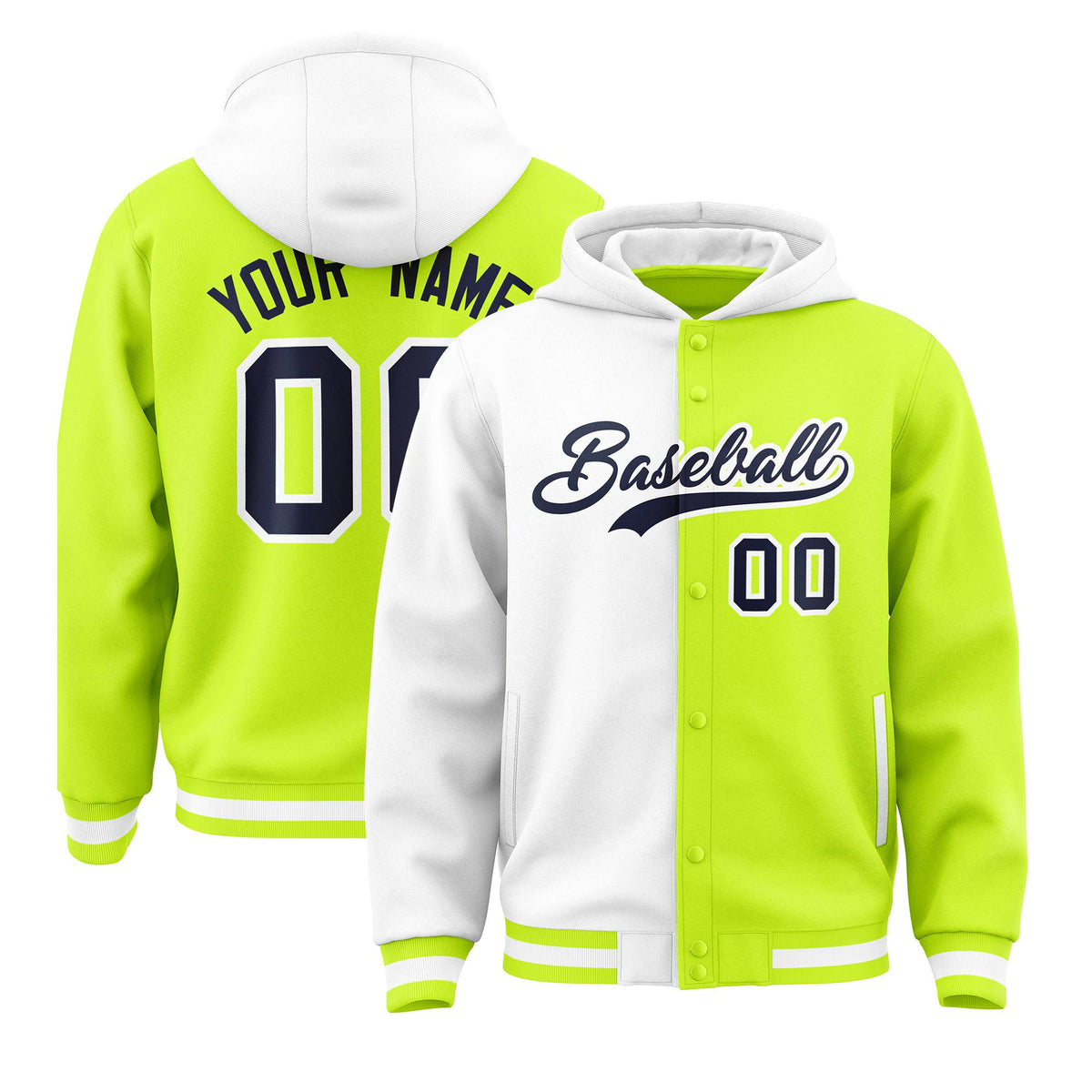Custom White Fluorescent Green Split Fashion Varsity Full-Snap Letterman Two Tone Hoodie Jacket