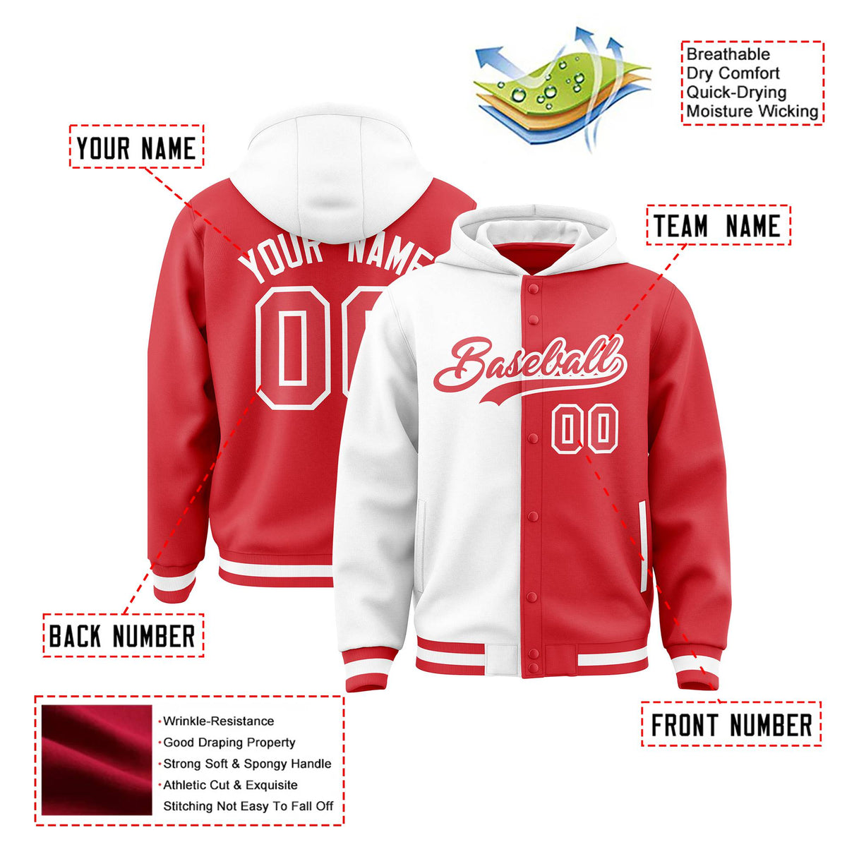 Custom White Red Split Fashion Varsity Full-Snap Letterman Two Tone Hoodie Jacket