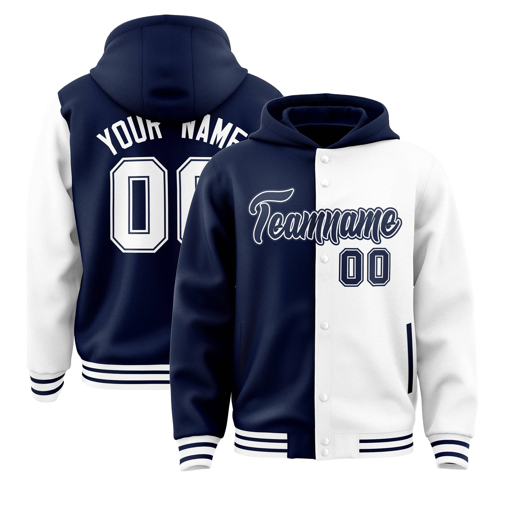 Custom Navy White Split Fashion Varsity Full-Snap Letterman Two Tone Hoodie Jacket