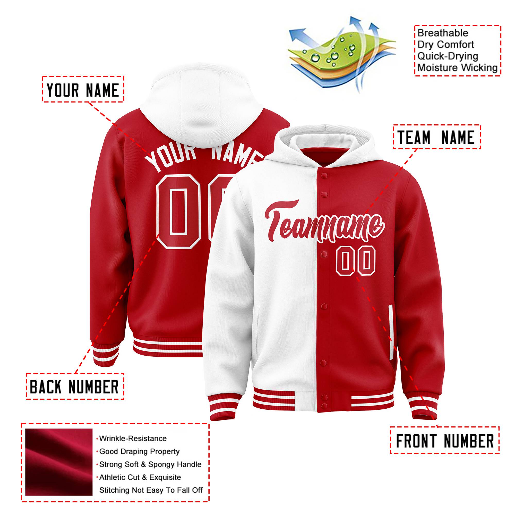 Custom White Red Split Fashion Varsity Full-Snap Letterman Two Tone Hoodie Jacket