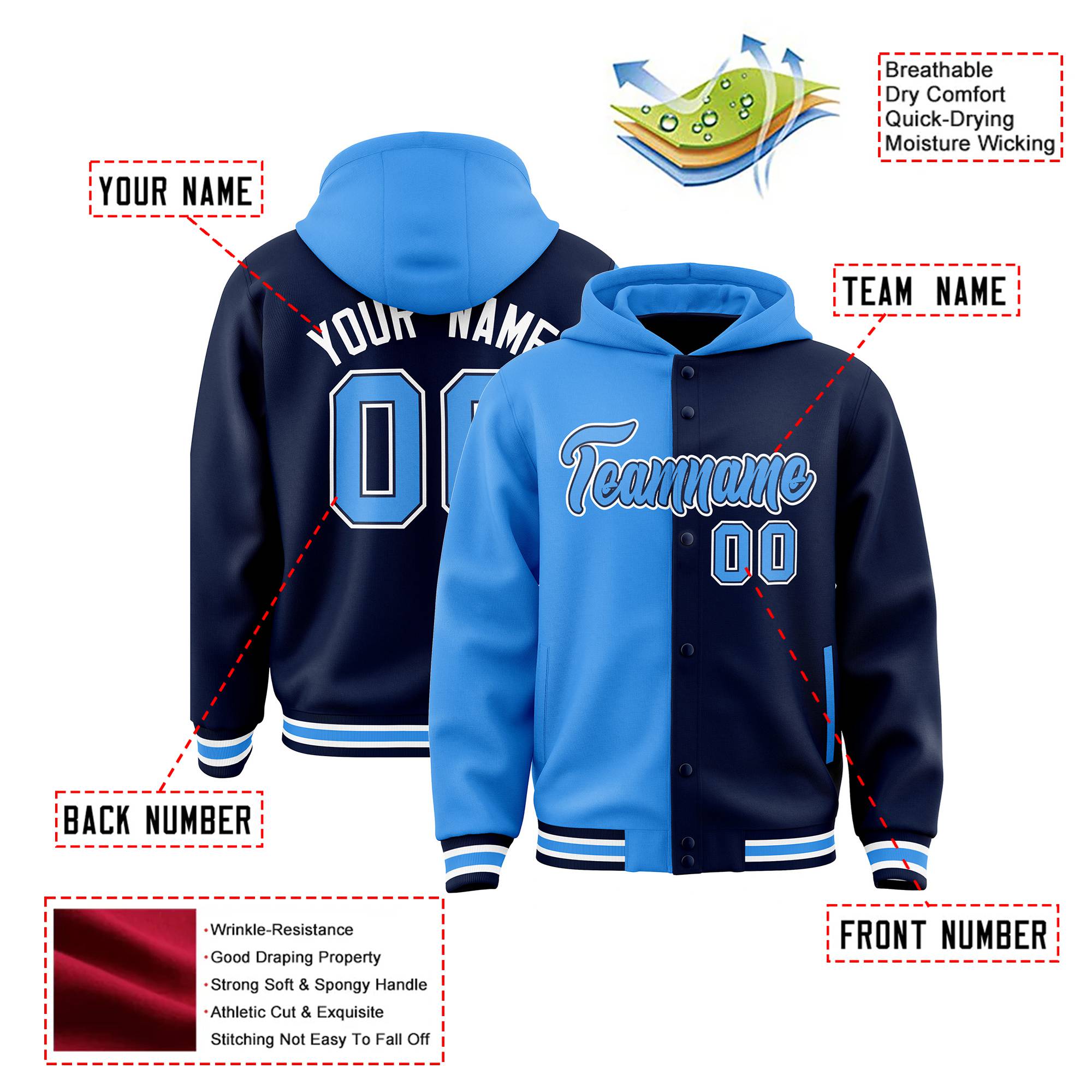 Custom Powder Blue Navy Split Fashion Varsity Full-Snap Letterman Two Tone Hoodie Jacket