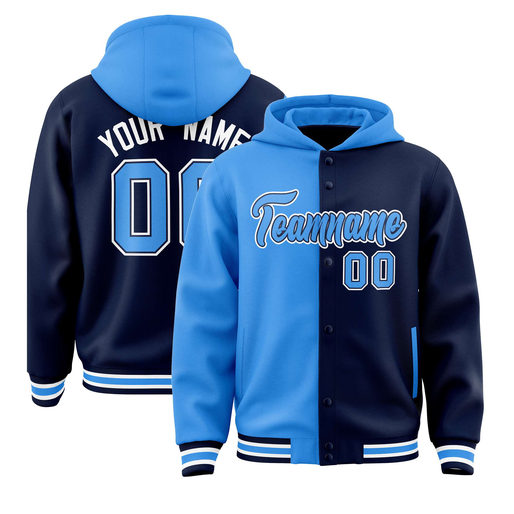 Custom Powder Blue Navy Split Fashion Varsity Full-Snap Letterman Two Tone Hoodie Jacket