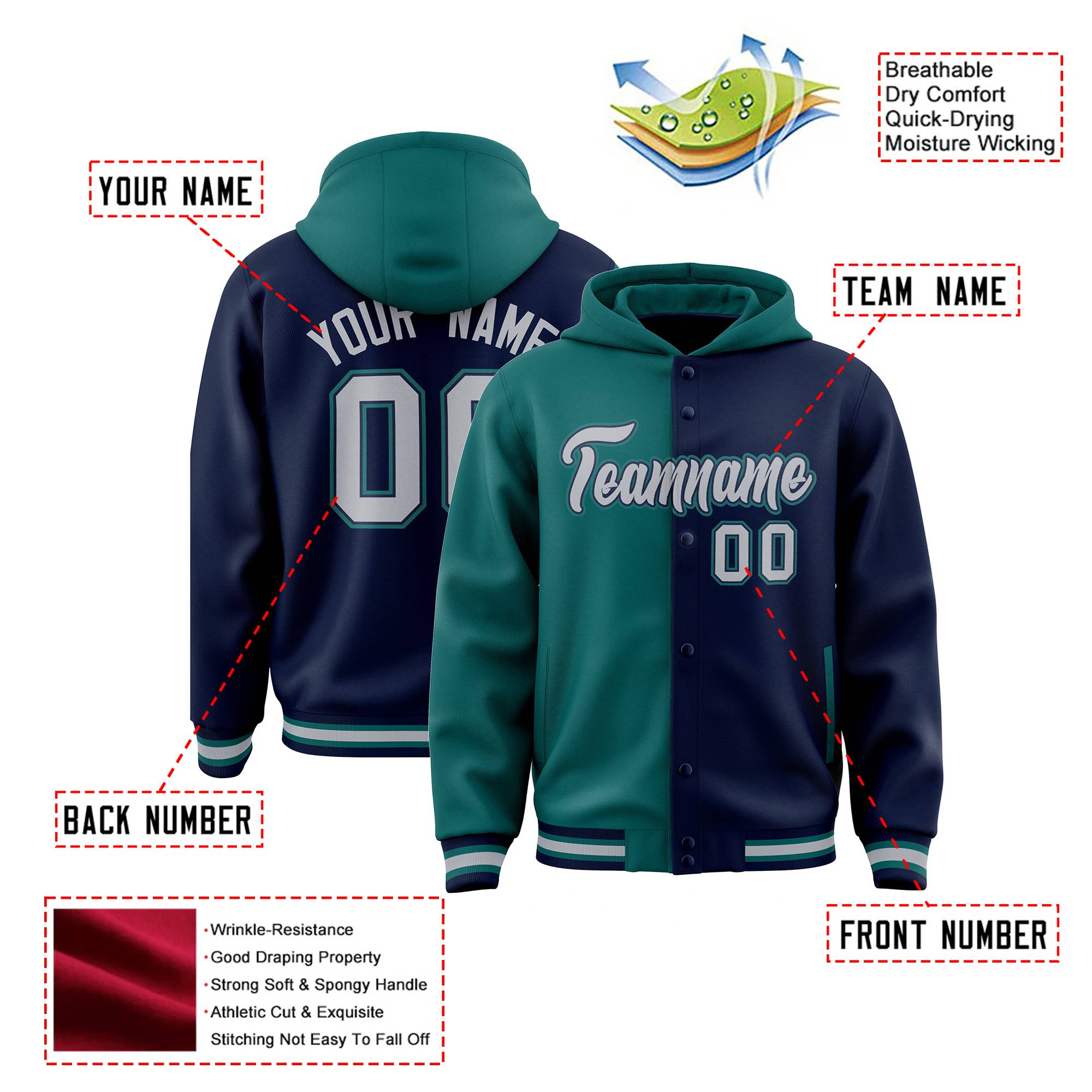 Custom Aqua Navy Split Fashion Varsity Full-Snap Letterman Two Tone Hoodie Jacket