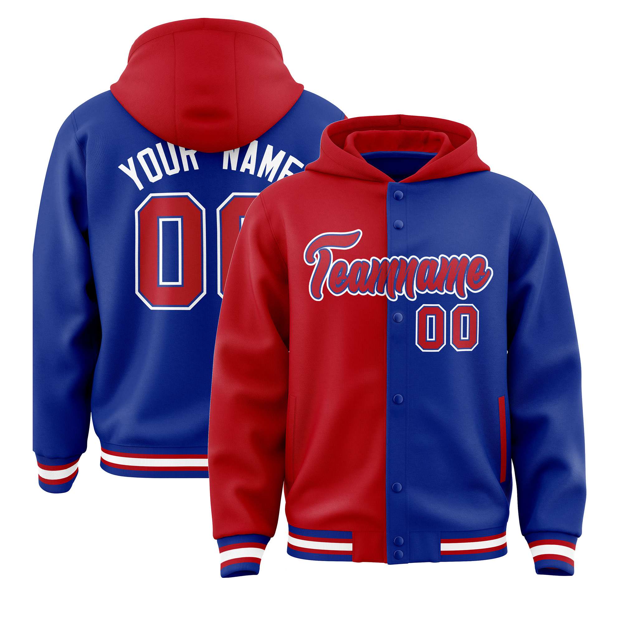 Custom Red Royal Blue Split Fashion Varsity Full-Snap Letterman Two Tone Hoodie Jacket