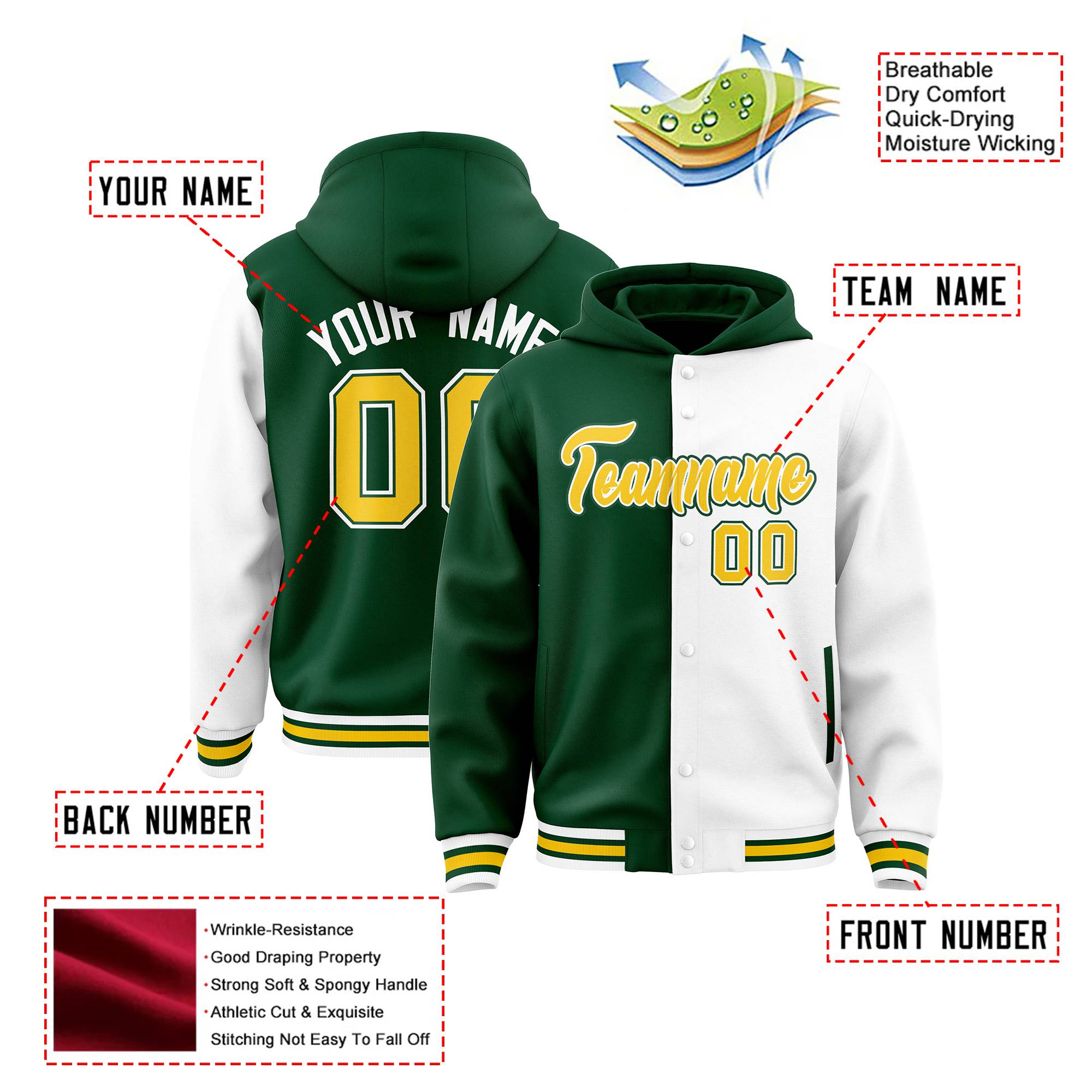 Custom Green White Split Fashion Varsity Full-Snap Letterman Two Tone Hoodie Jacket