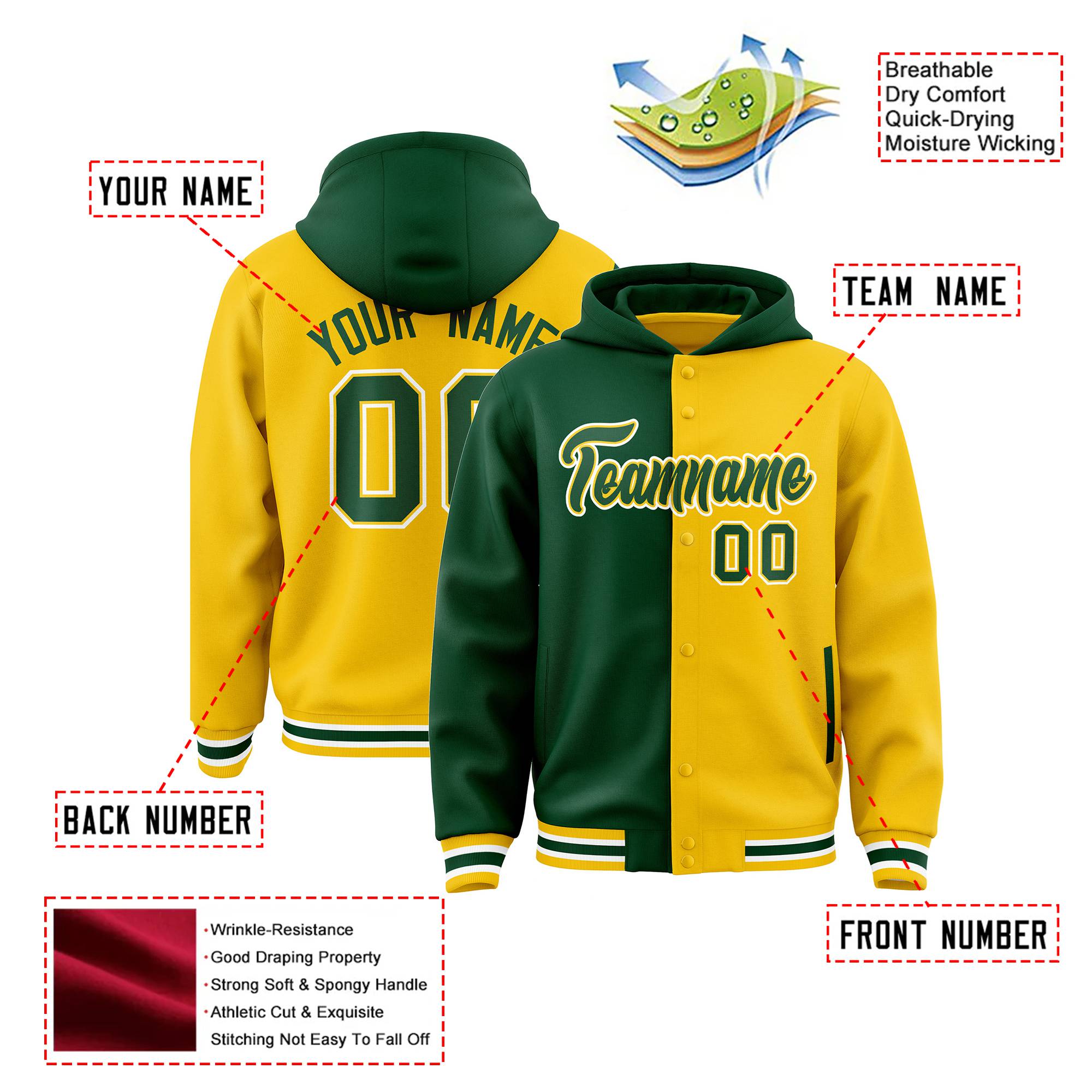 Custom Green Gold Split Fashion Varsity Full-Snap Letterman Two Tone Hoodie Jacket