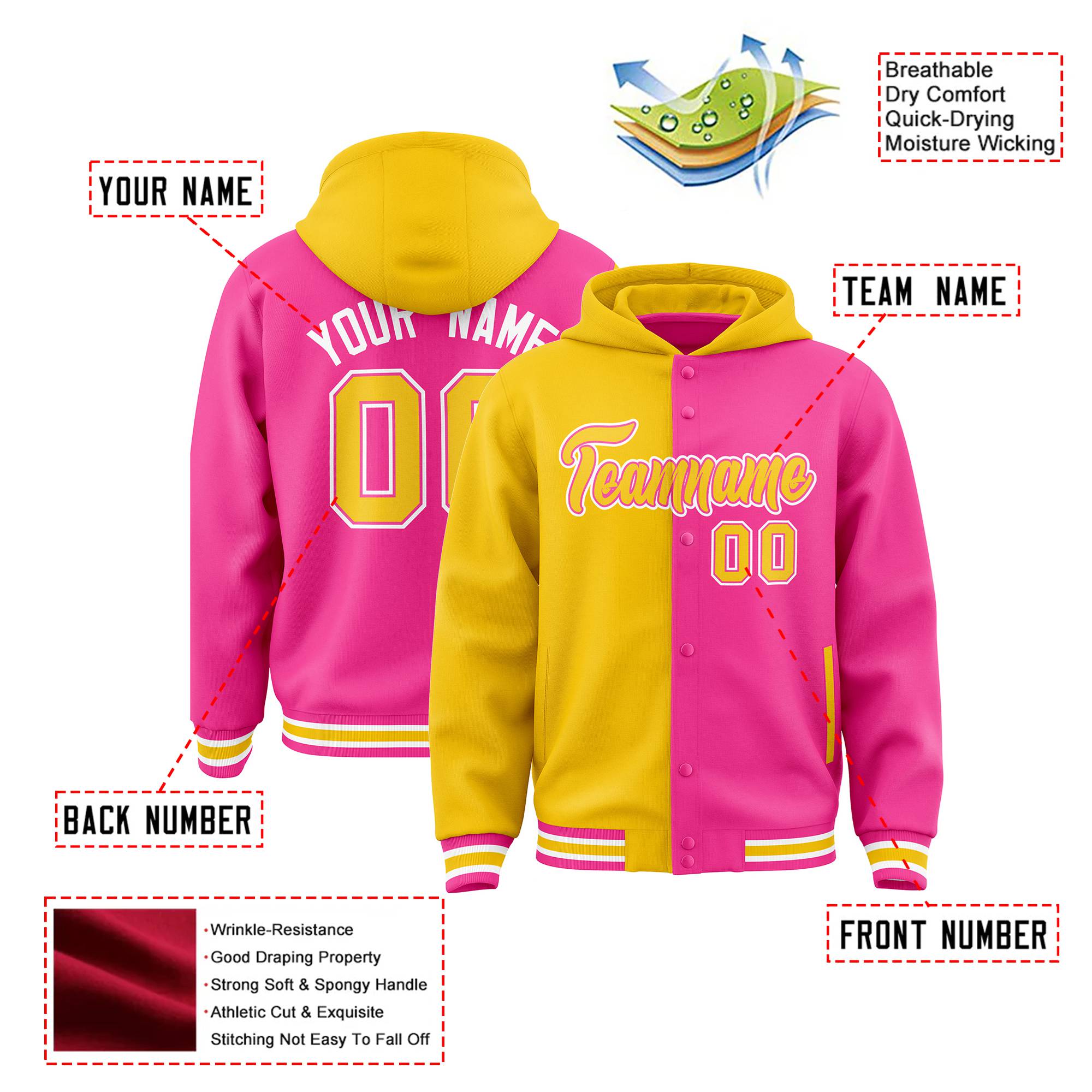 Custom Gold Pink Split Fashion Varsity Full-Snap Letterman Two Tone Hoodie Jacket