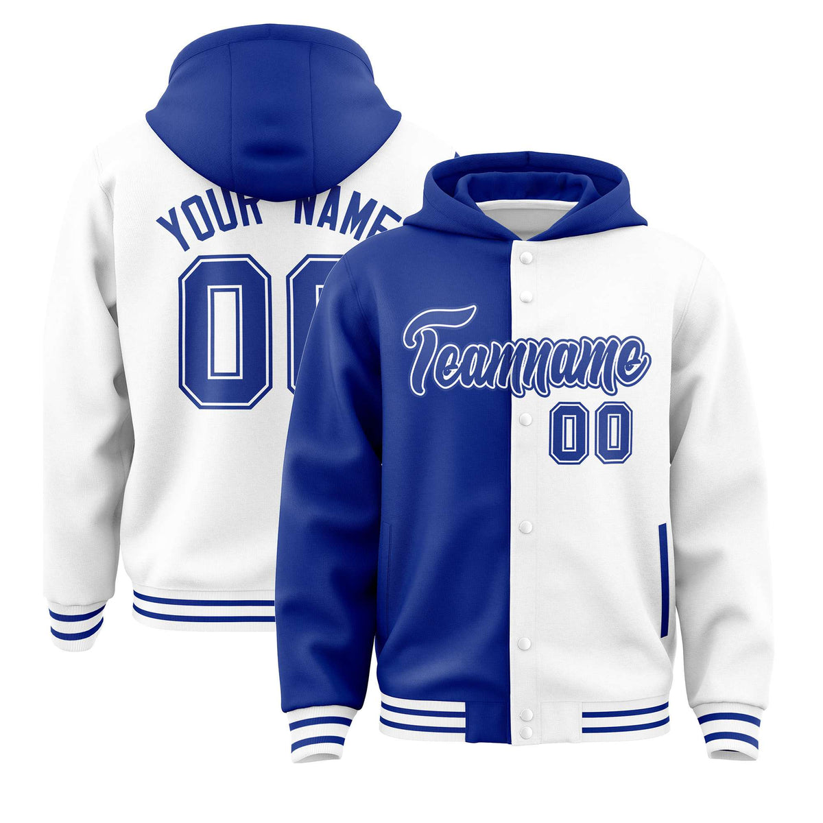 Custom Royal Blue White Split Fashion Varsity Full-Snap Letterman Two Tone Hoodie Jacket