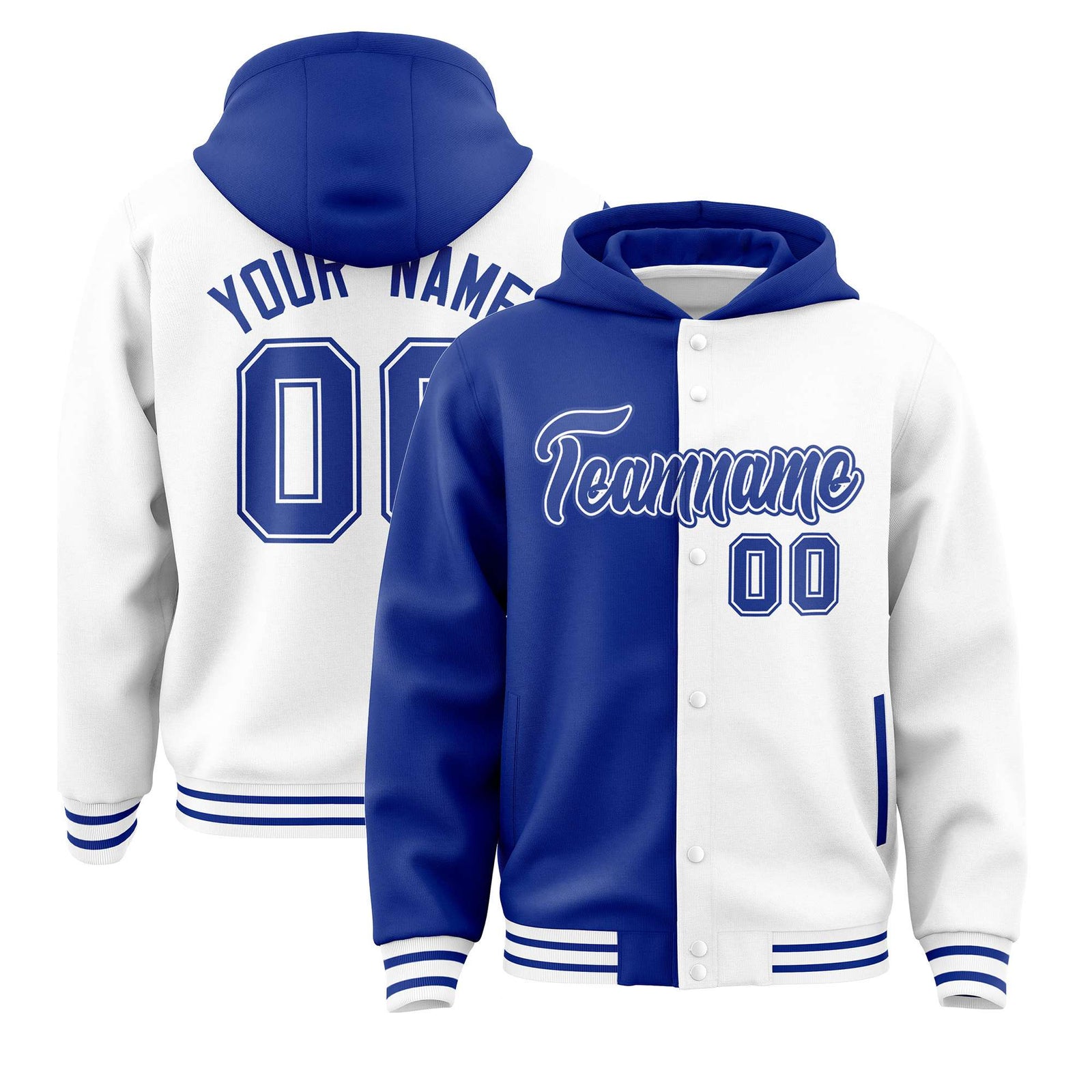Custom Royal Blue White Split Fashion Varsity Full-Snap Letterman Two Tone Hoodie Jacket