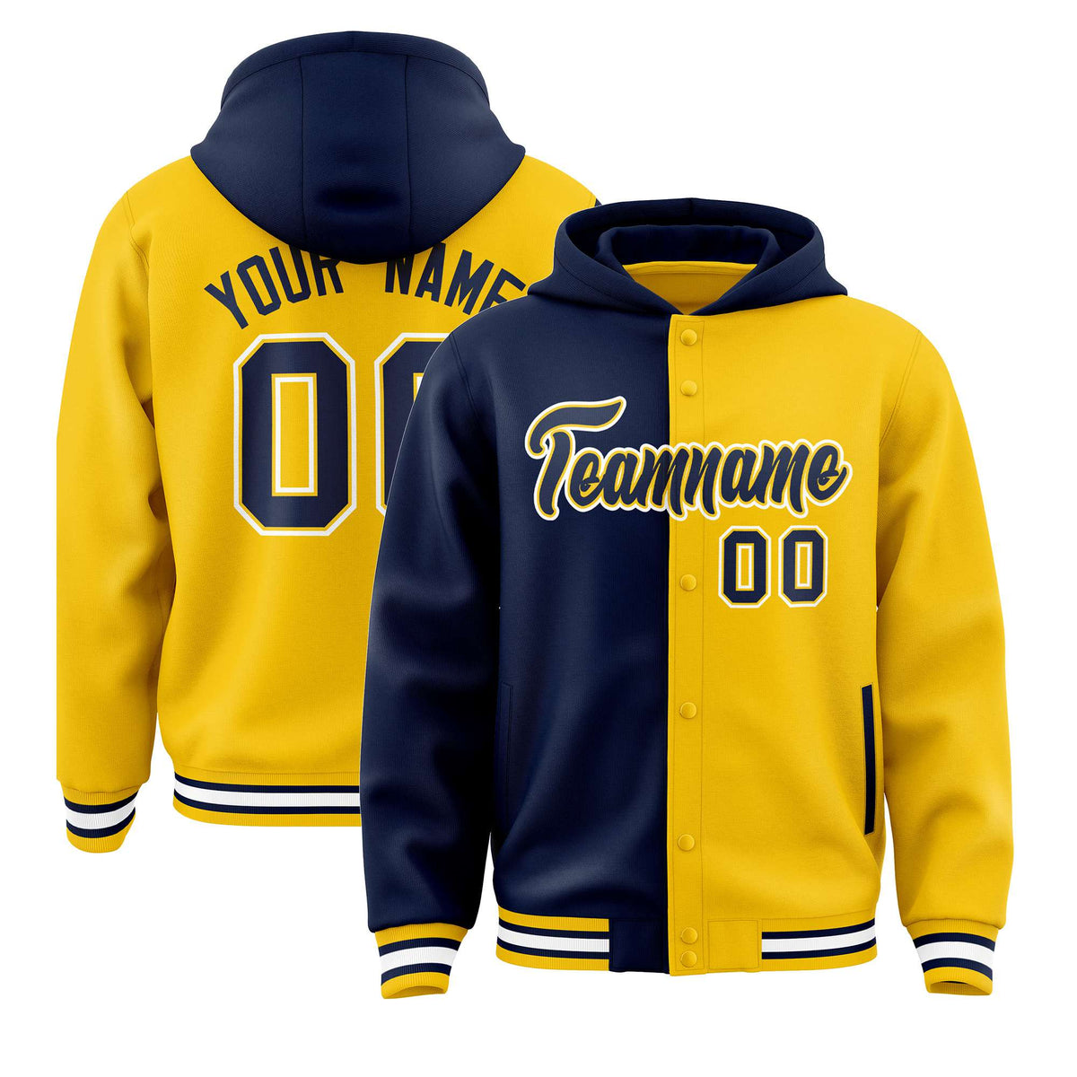Custom Navy Yellow Split Fashion Varsity Full-Snap Letterman Two Tone Hoodie Jacket
