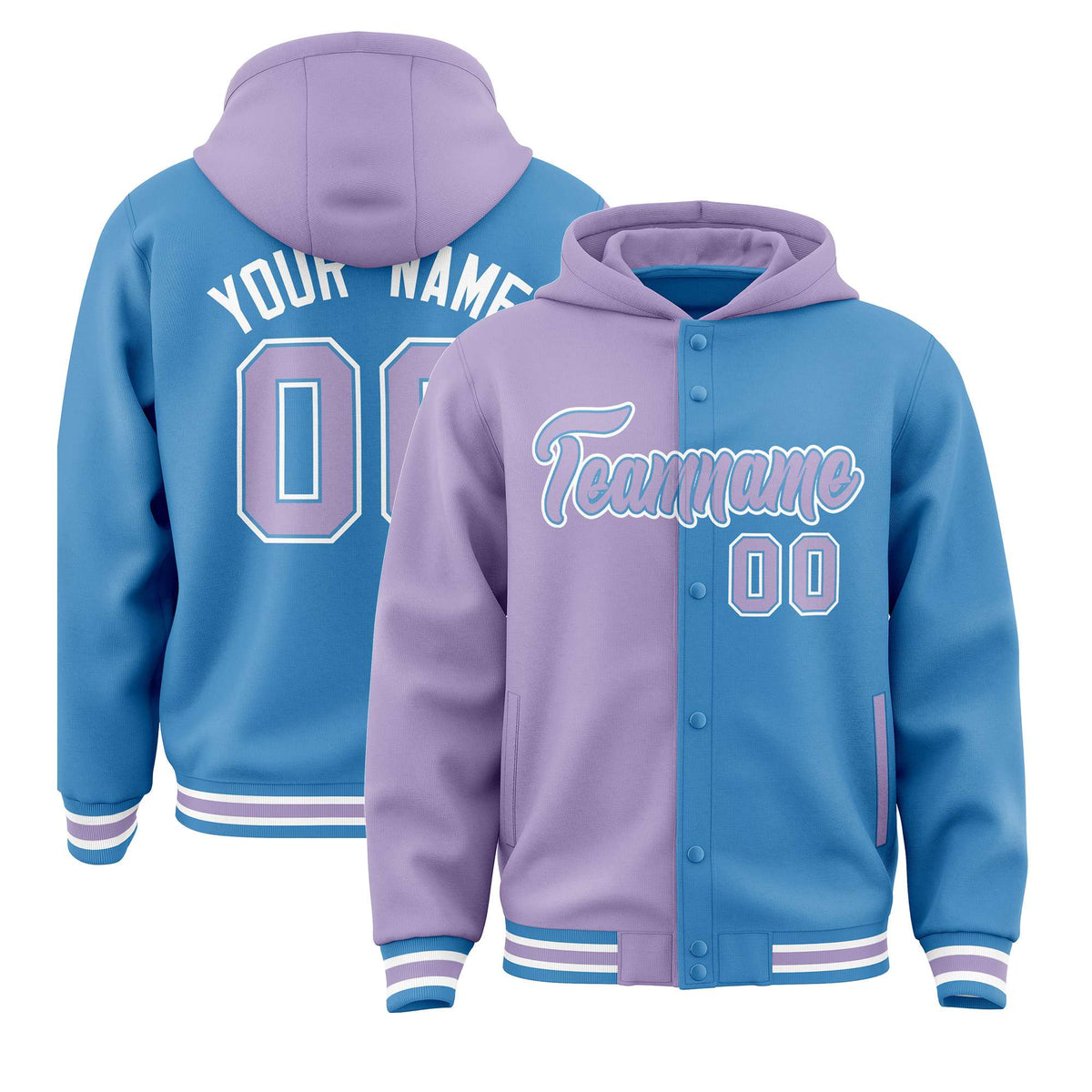 Custom Light Purple Light Blue Split Fashion Varsity Full-Snap Letterman Two Tone Hoodie Jacket