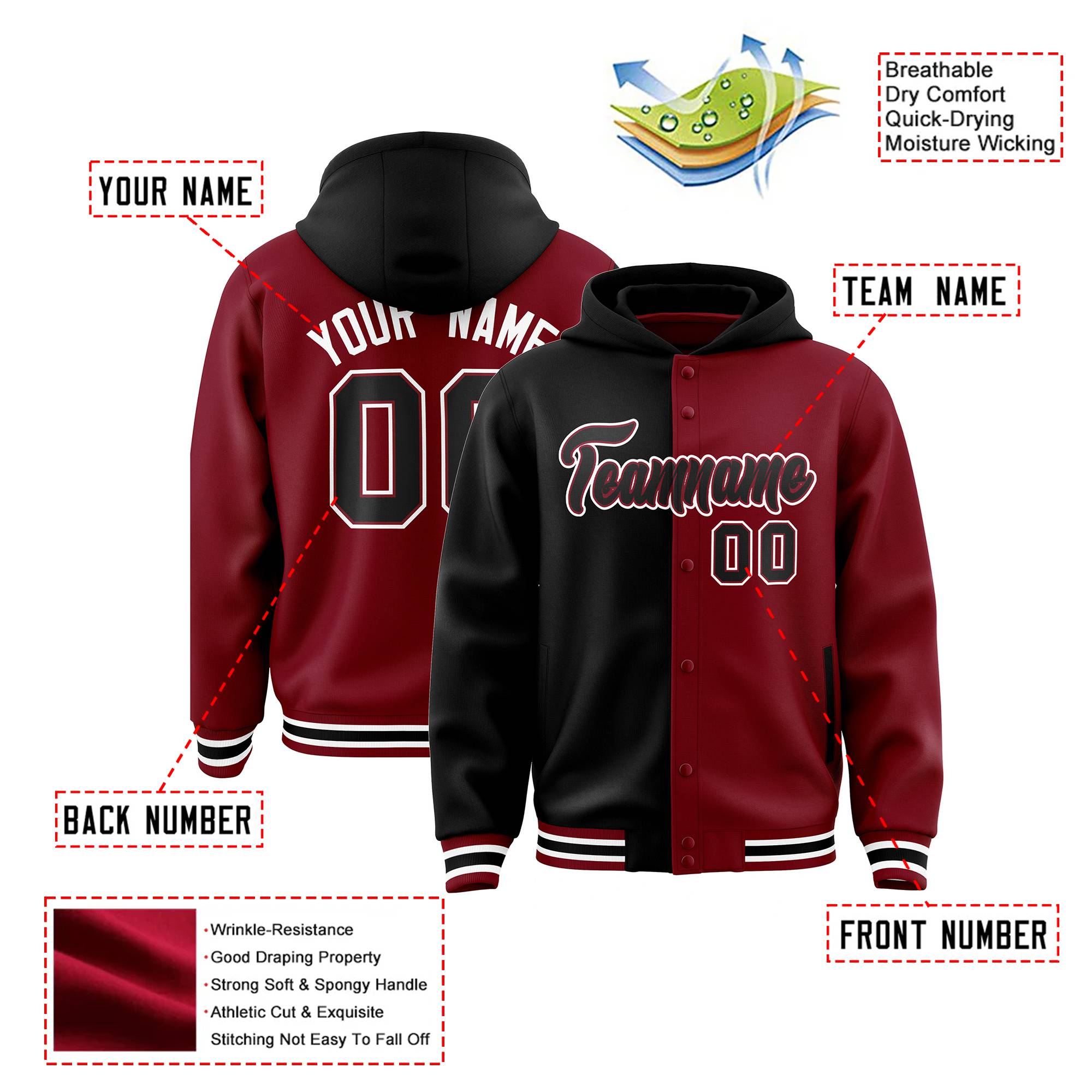 Custom Black Crimson Split Fashion Varsity Full-Snap Letterman Two Tone Hoodie Jacket