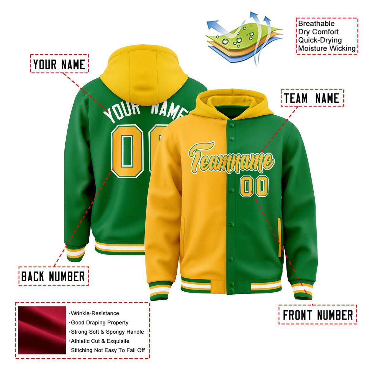 Custom Yellow Kelly Green Split Fashion Varsity Full-Snap Letterman Two Tone Hoodie Jacket