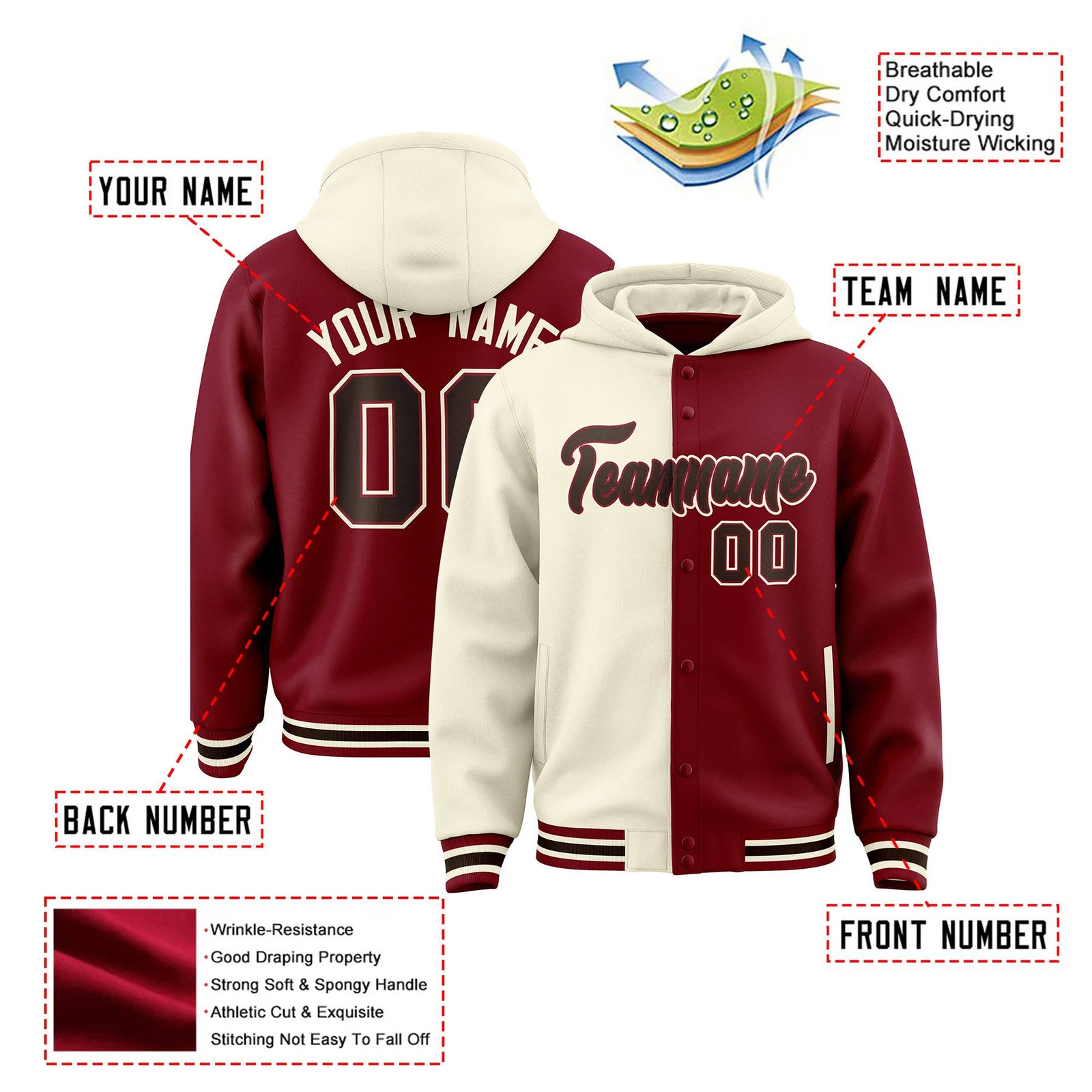 Custom Cream Crimson Split Fashion Varsity Full-Snap Letterman Two Tone Hoodie Jacket