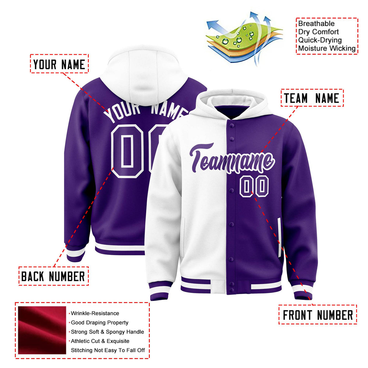 Custom White Purple Split Fashion Varsity Full-Snap Letterman Two Tone Hoodie Jacket