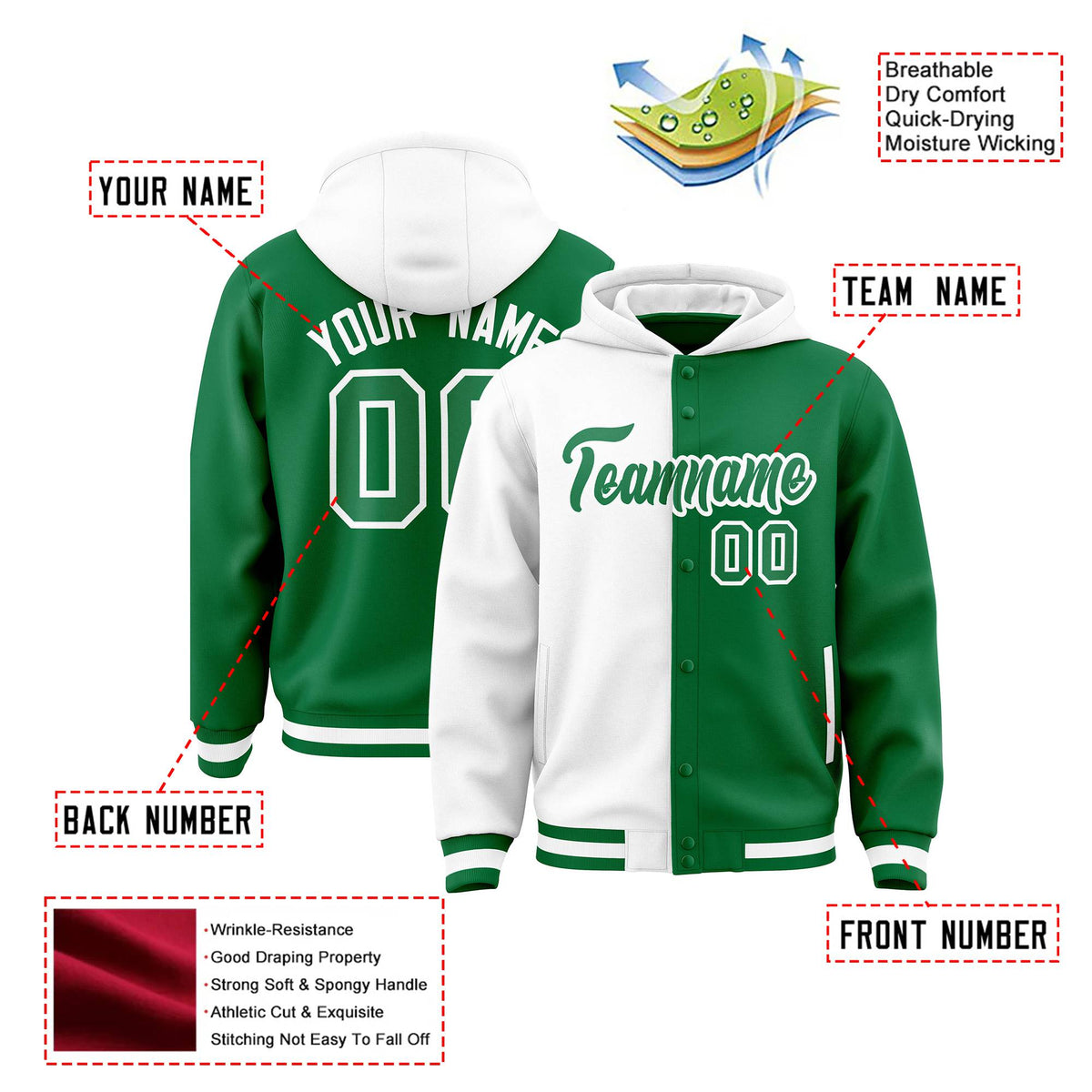 Custom White Kelly Green Split Fashion Varsity Full-Snap Letterman Two Tone Hoodie Jacket