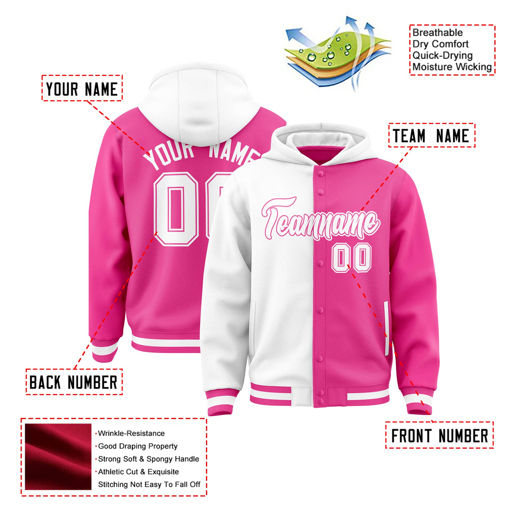 Custom White Pink Split Fashion Varsity Full-Snap Letterman Two Tone Hoodie Jacket