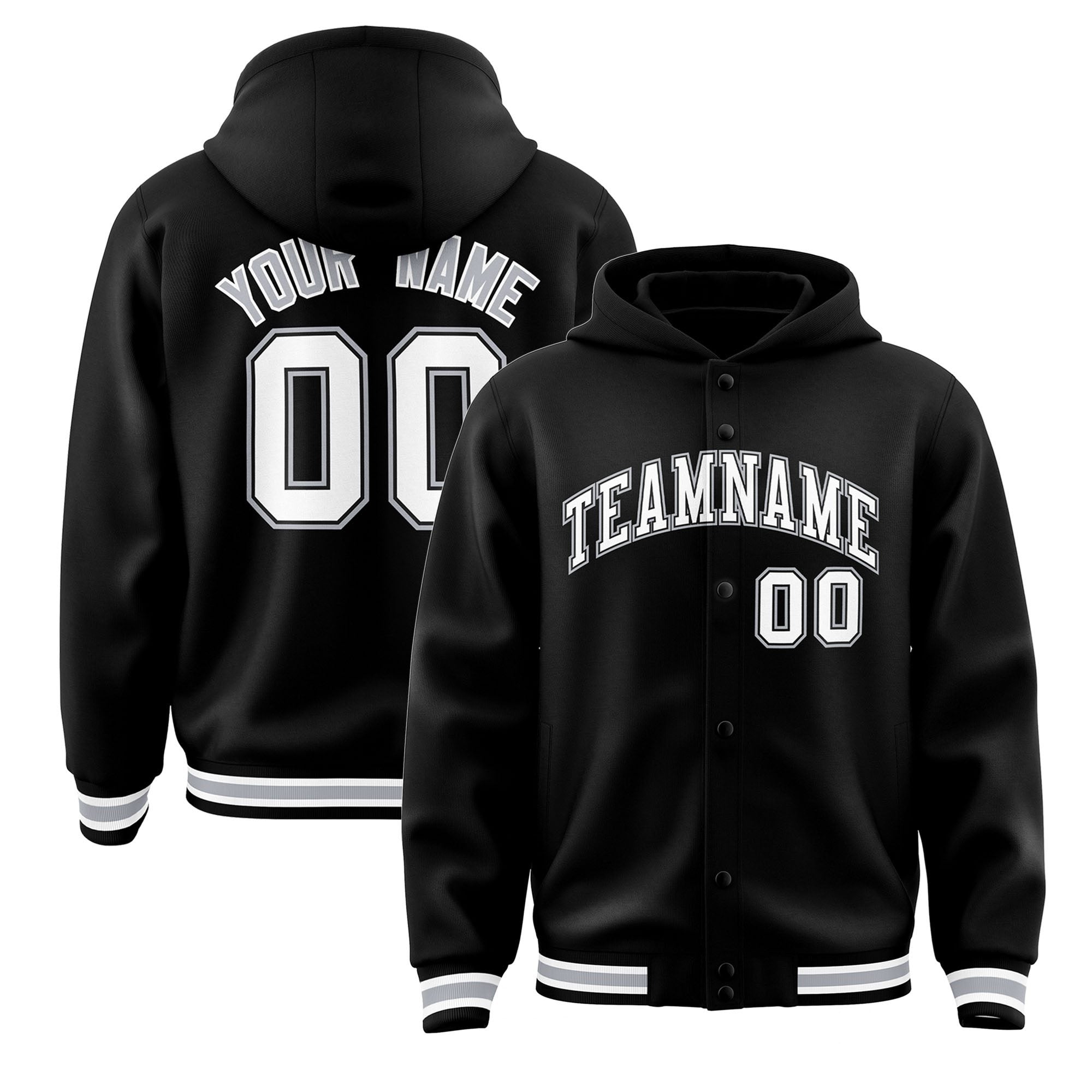 Custom Black White-Gray Varsity Full-Snap Letterman Classic Hoodie Jacket