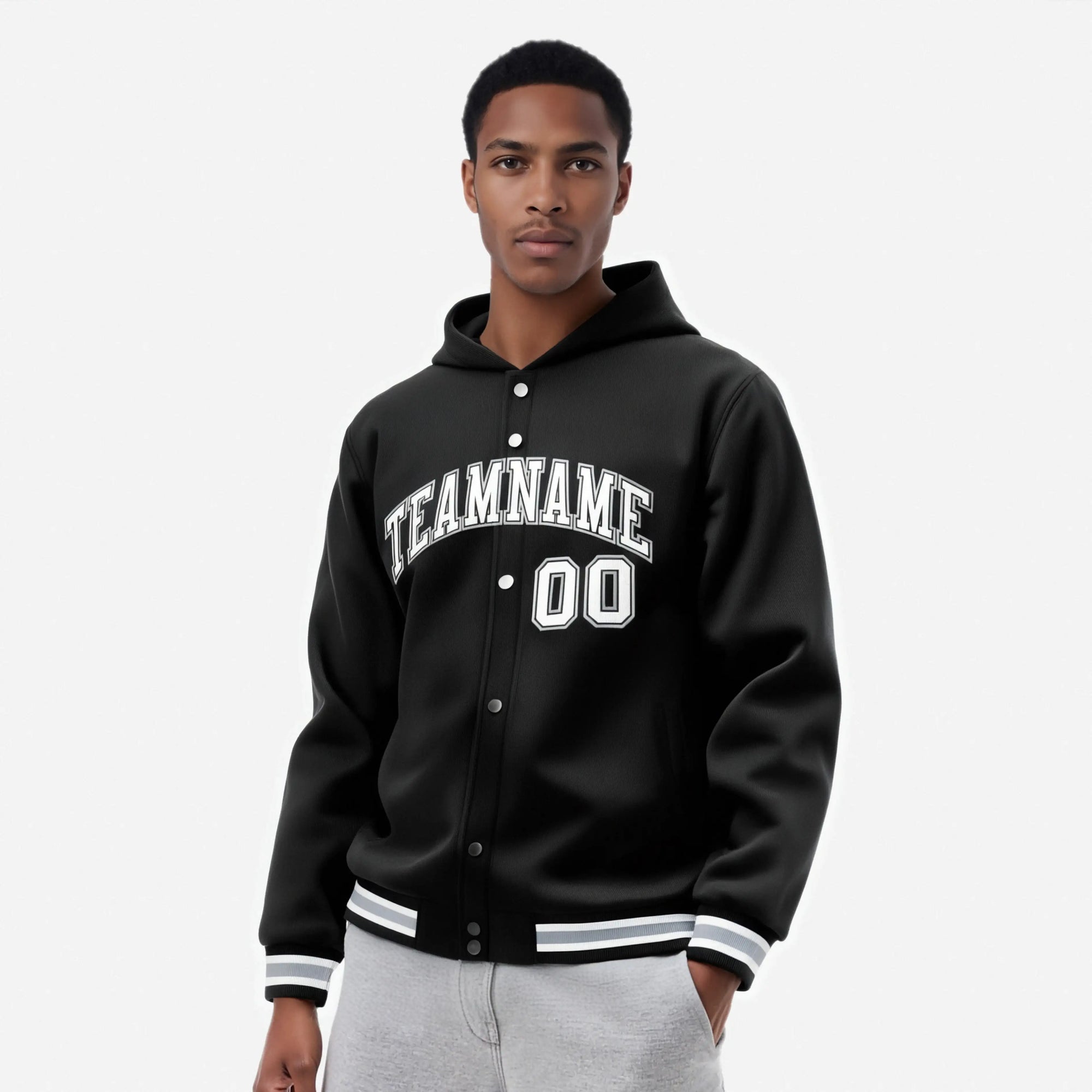 Custom Black White-Gray Varsity Full-Snap Letterman Classic Hoodie Jacket