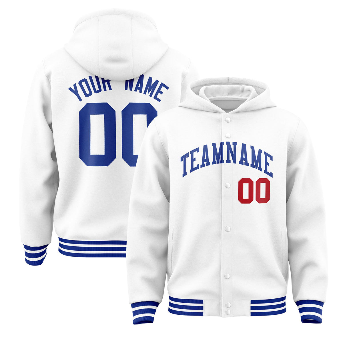 Custom White Royal Blue Varsity Full-Snap Letterman Classic Hoodie Jacket