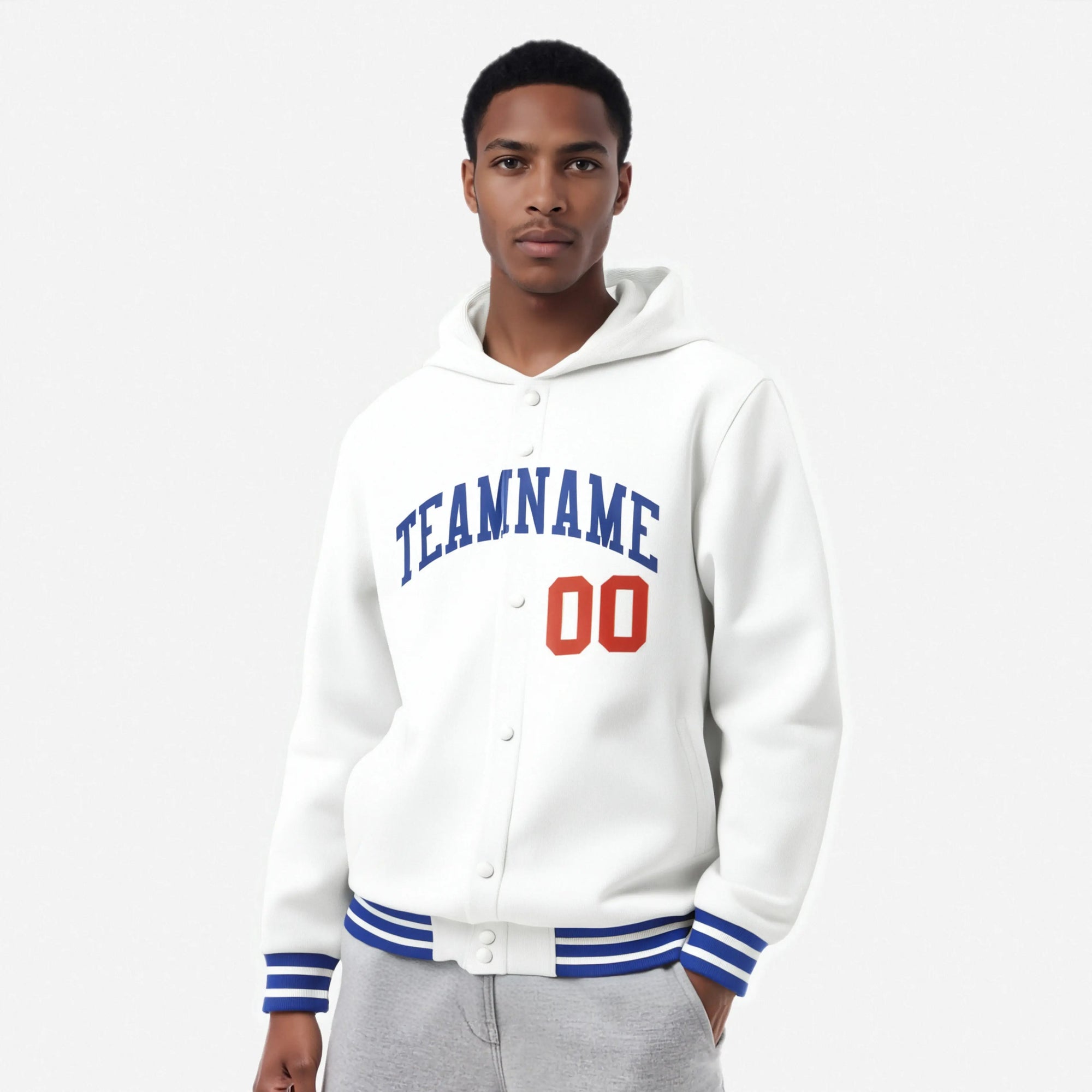 Custom White Royal Blue Varsity Full-Snap Letterman Classic Hoodie Jacket