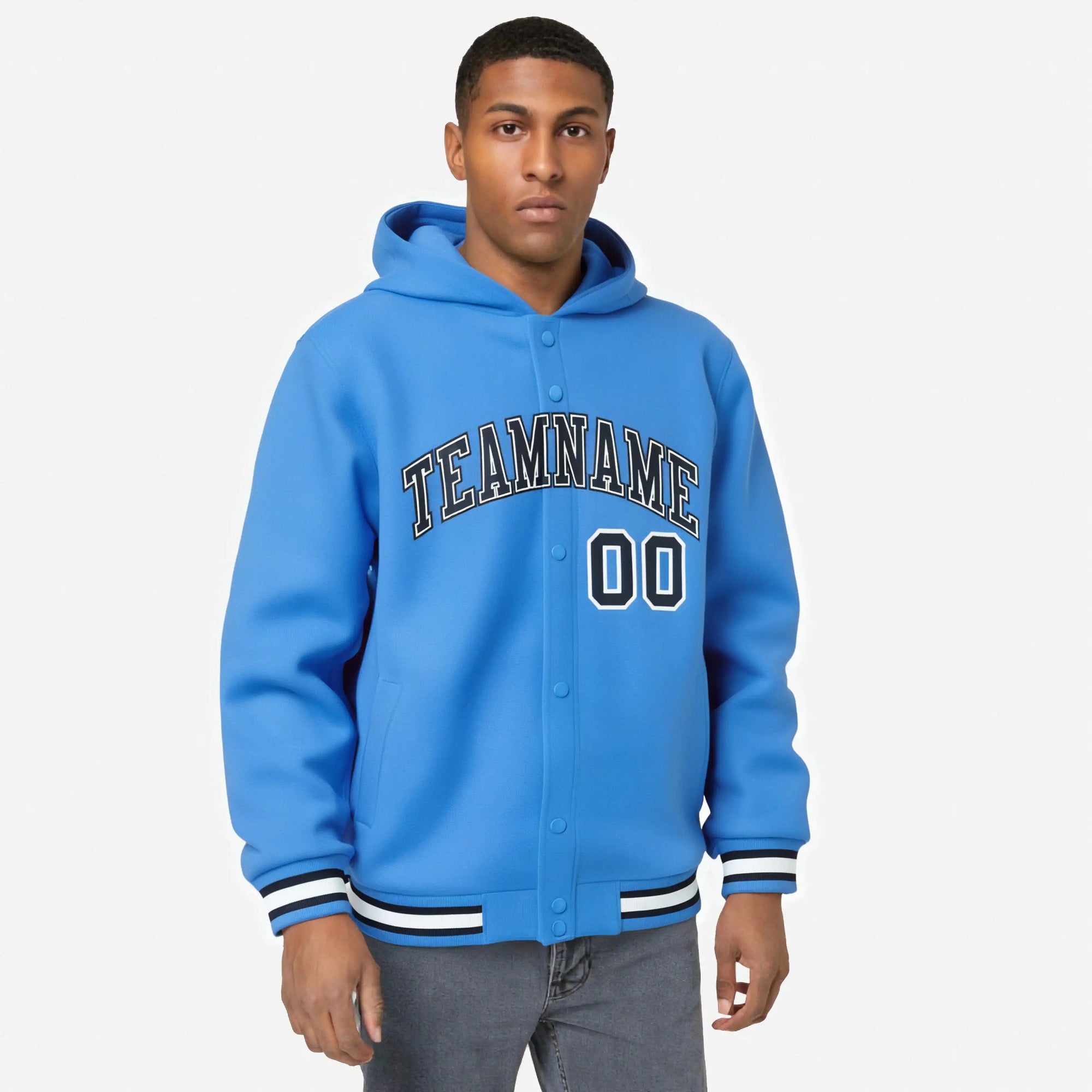 Custom Powder Blue Navy-White Varsity Full-Snap Letterman Classic Hoodie Jacket