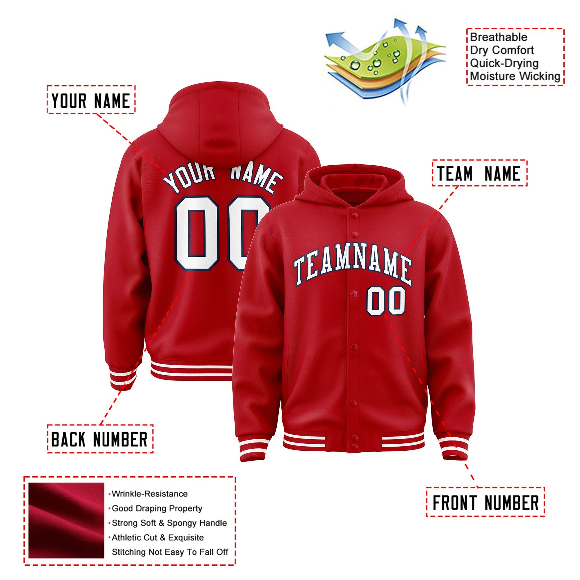 Custom Red Blue White-Navy Varsity Full-Snap Letterman Classic Hoodie Jacket