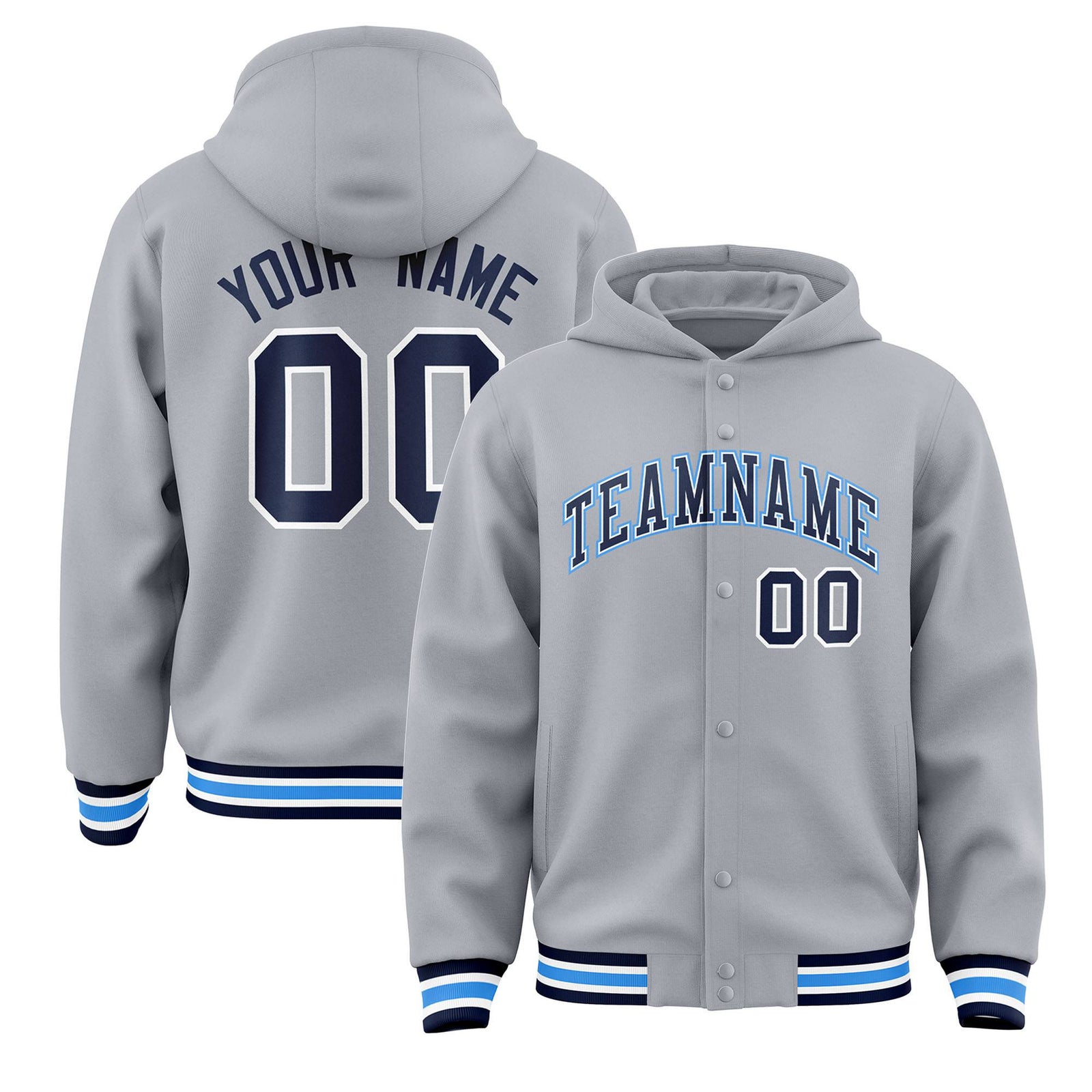 Custom Gray Navy-White Varsity Full-Snap Letterman Classic Hoodie Jacket