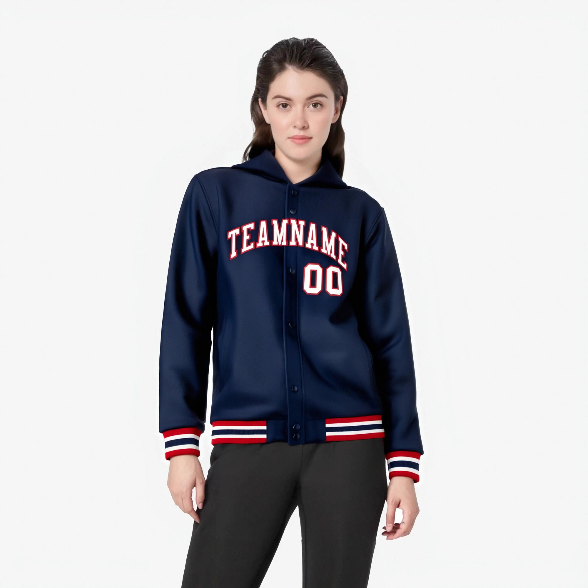 Custom Navy White-Red Varsity Full-Snap Letterman Classic Hoodie Jacket